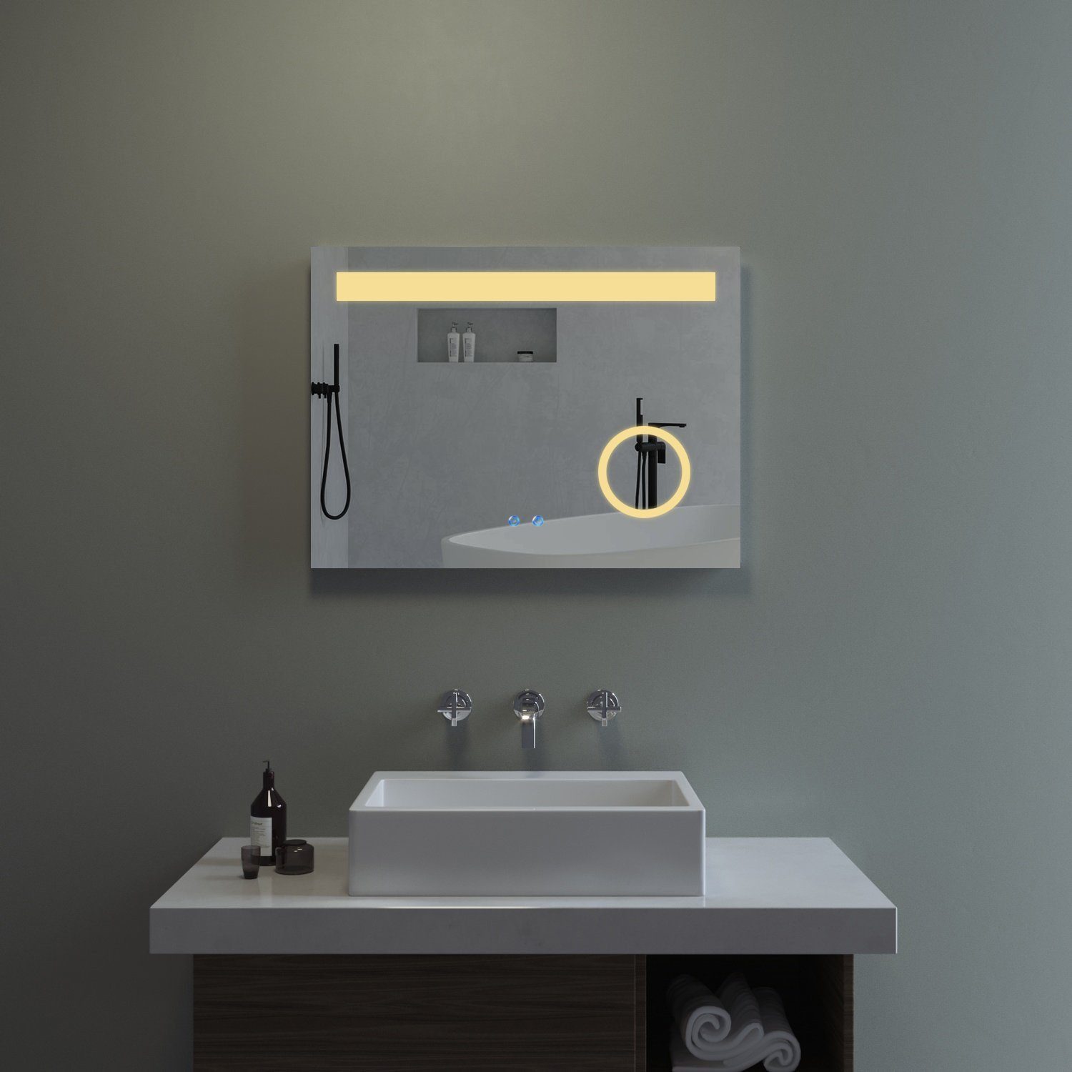 AQUABATOS LED-Lichtspiegel Bad Badspiegel mit Beleuchtung dimmbar Touch IP44 Beschlagfrei (3 Lichtfarben Badezimmerspiegel LED Wandspiegel mit Licht)
