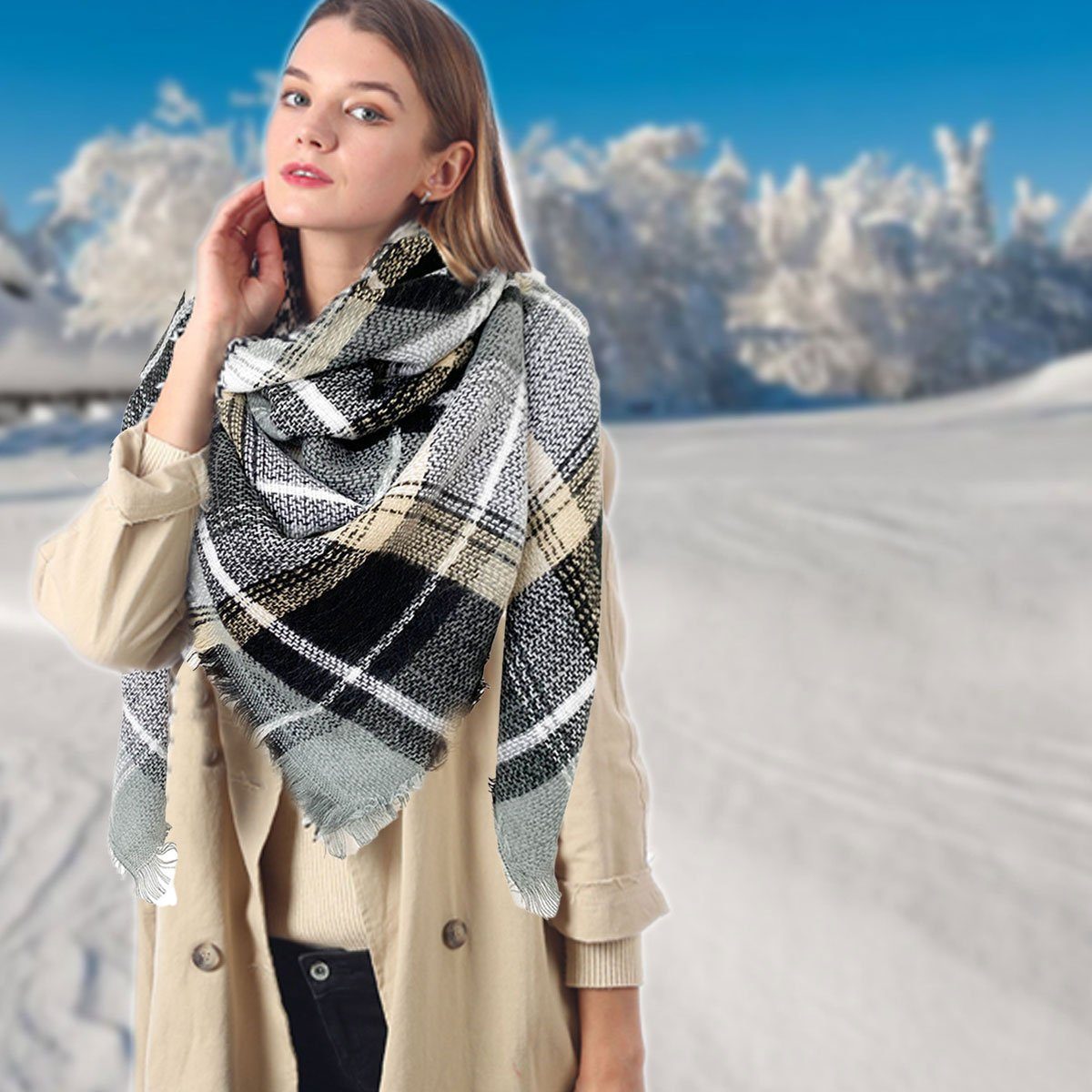 Karierter Damen Winter,Damen-Schals,Für für Schal Modeschal Warmer den kariert Jormftte und Frauen schwarz grau