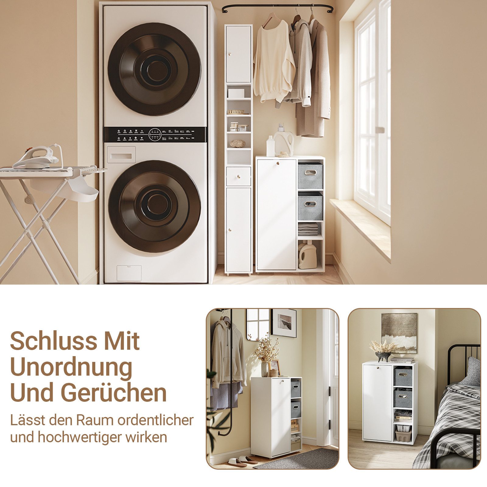 SoBuy Wäscheschrank BZR218, Badezimmerschrank schmal, Wäscheschrank Wäschekorb Badkommode Badschrank mit Wäschekorb, mit 2 Stoffschubladen, Nischenschrank – Bild 3 von 5