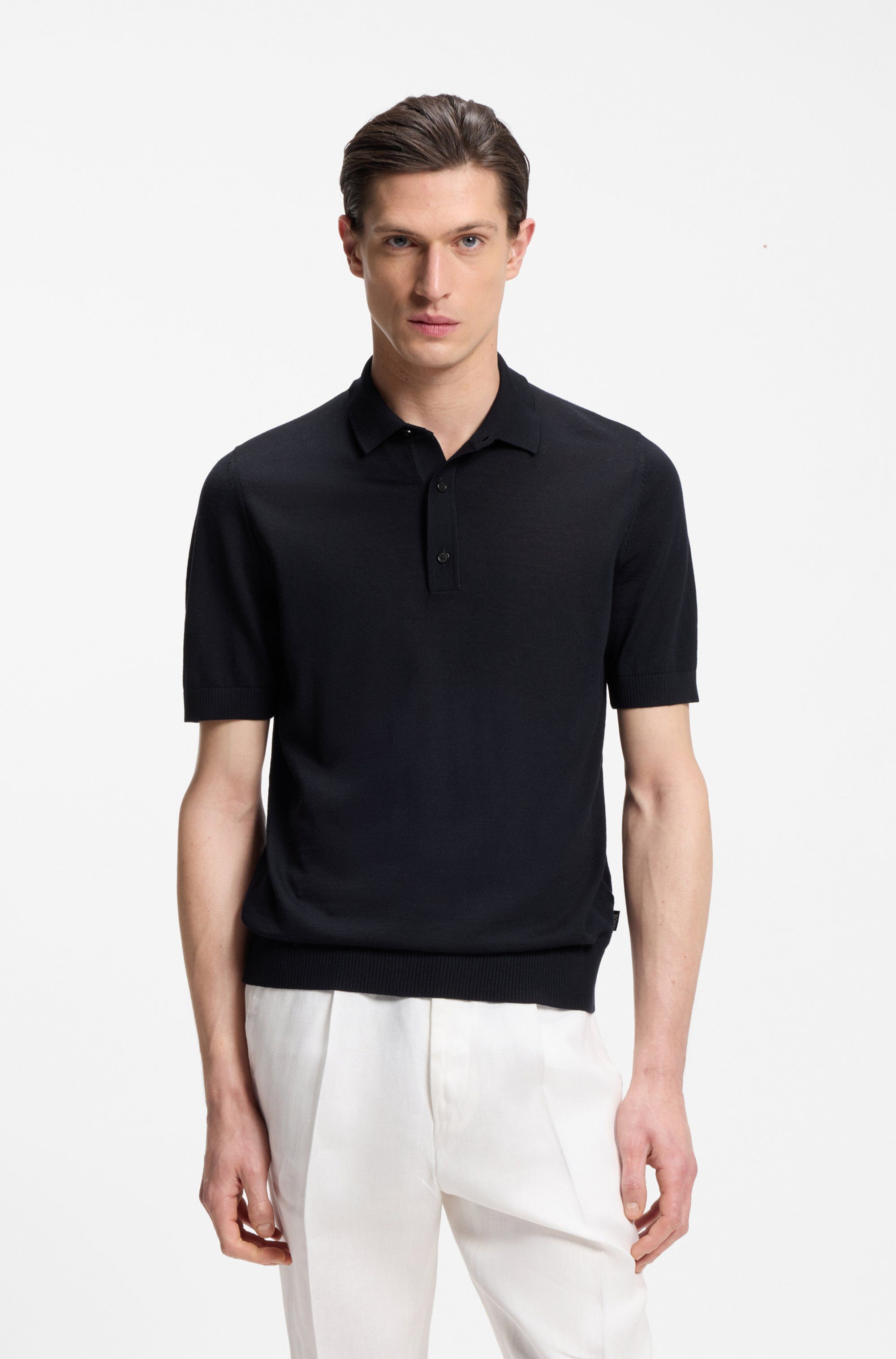 BOSS Kurzarmpullover Nolano aus Schurwolle, Polokragen