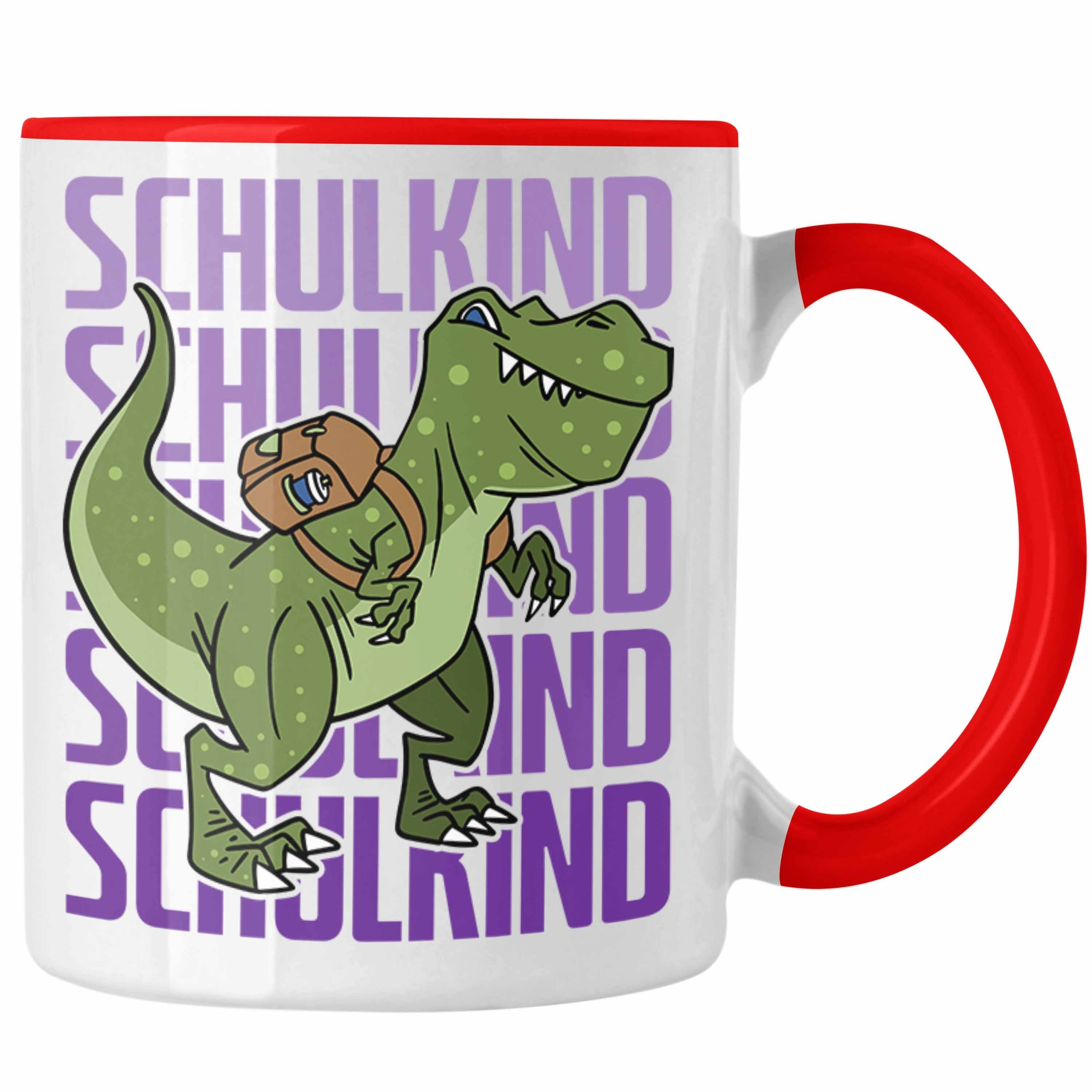 Trendation Tasse Einschulung Tasse Geschenk Jungs Erster Schultag: Lustige T-Rex Dino T Rot