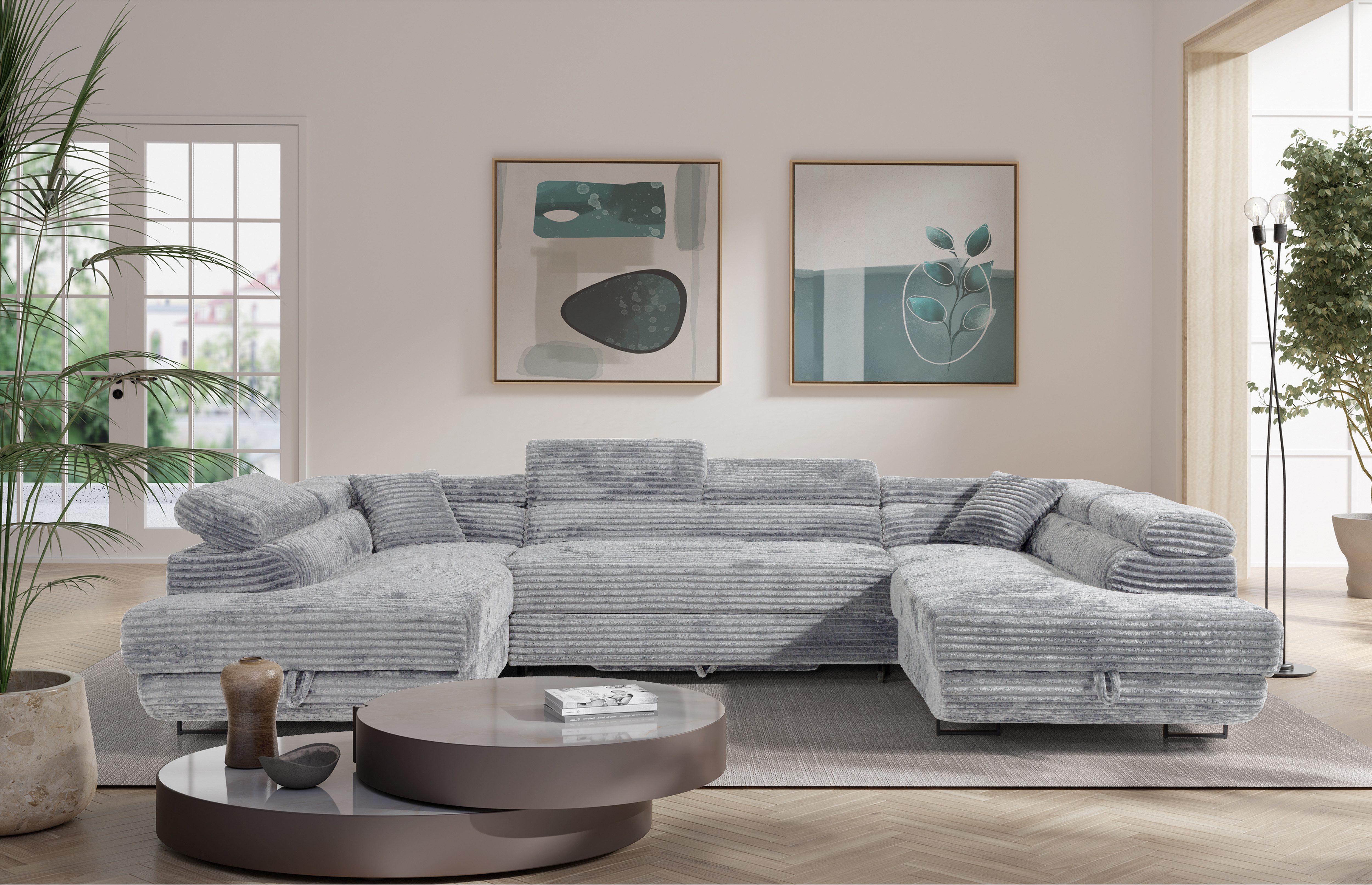 KS Home Concept Ecksofa SERENA U mit Schlaffunktion und Bettkasten, Hellgrau, Eckcouch mit Stauraum, Metall Füße 9 cm, Universal