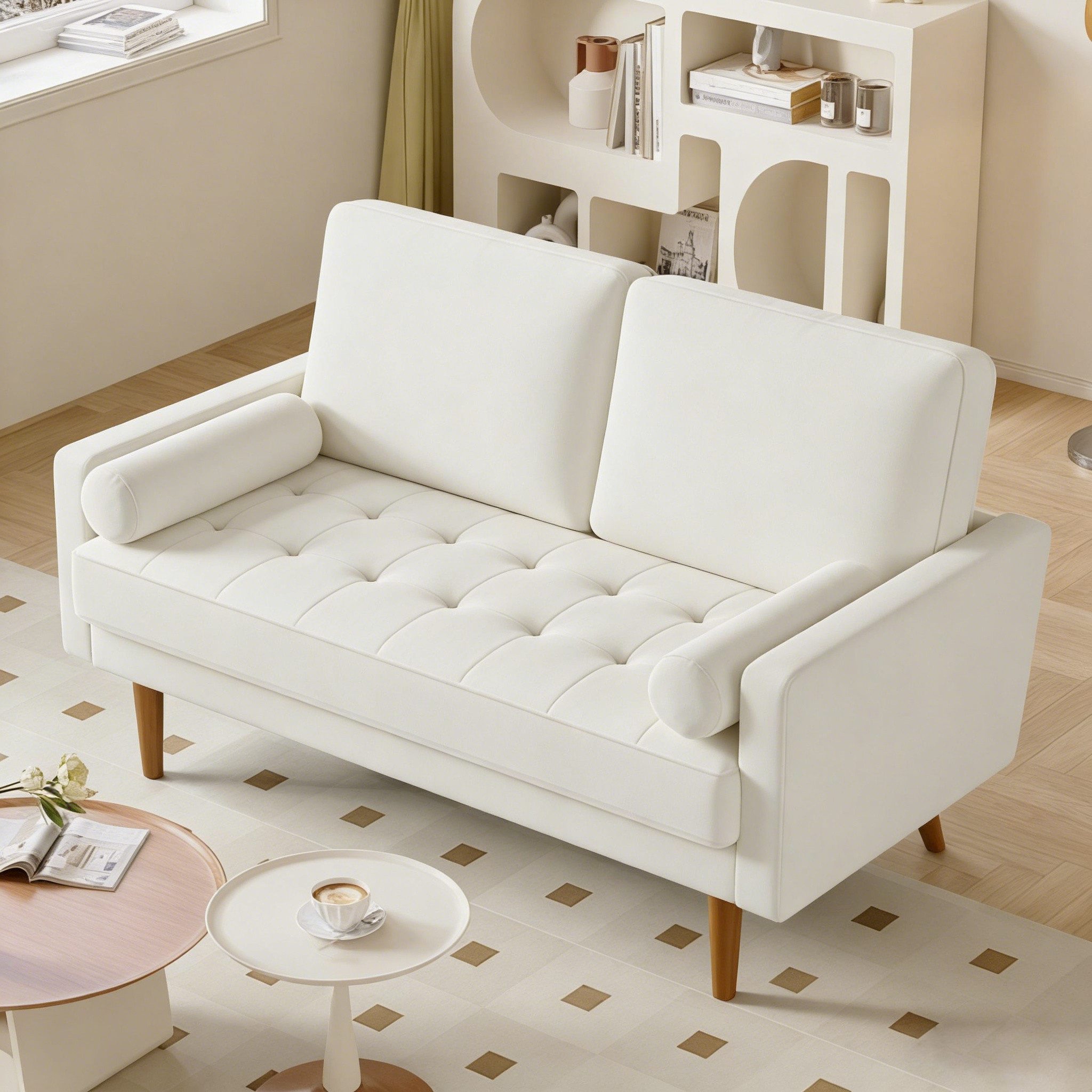 OUNUO Sofa 121cm Kleines Loveseat Sofa Couch aus Samt und Leinen mit 2 Zierkissen