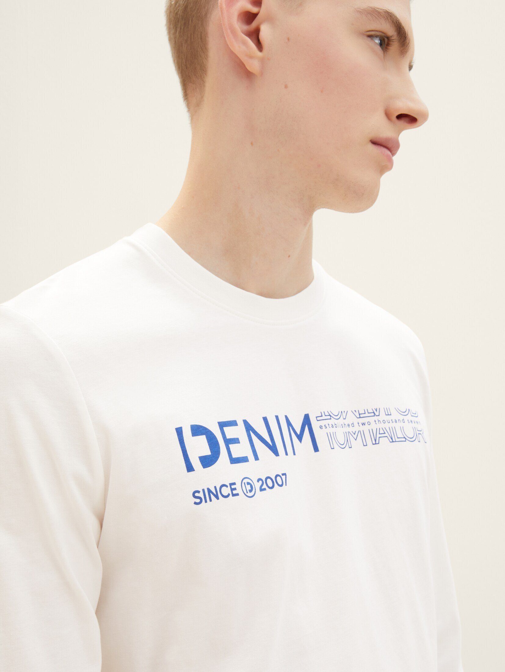 TOM TAILOR Denim Wool T-Shirt Langarmshirt White Logo Print mit