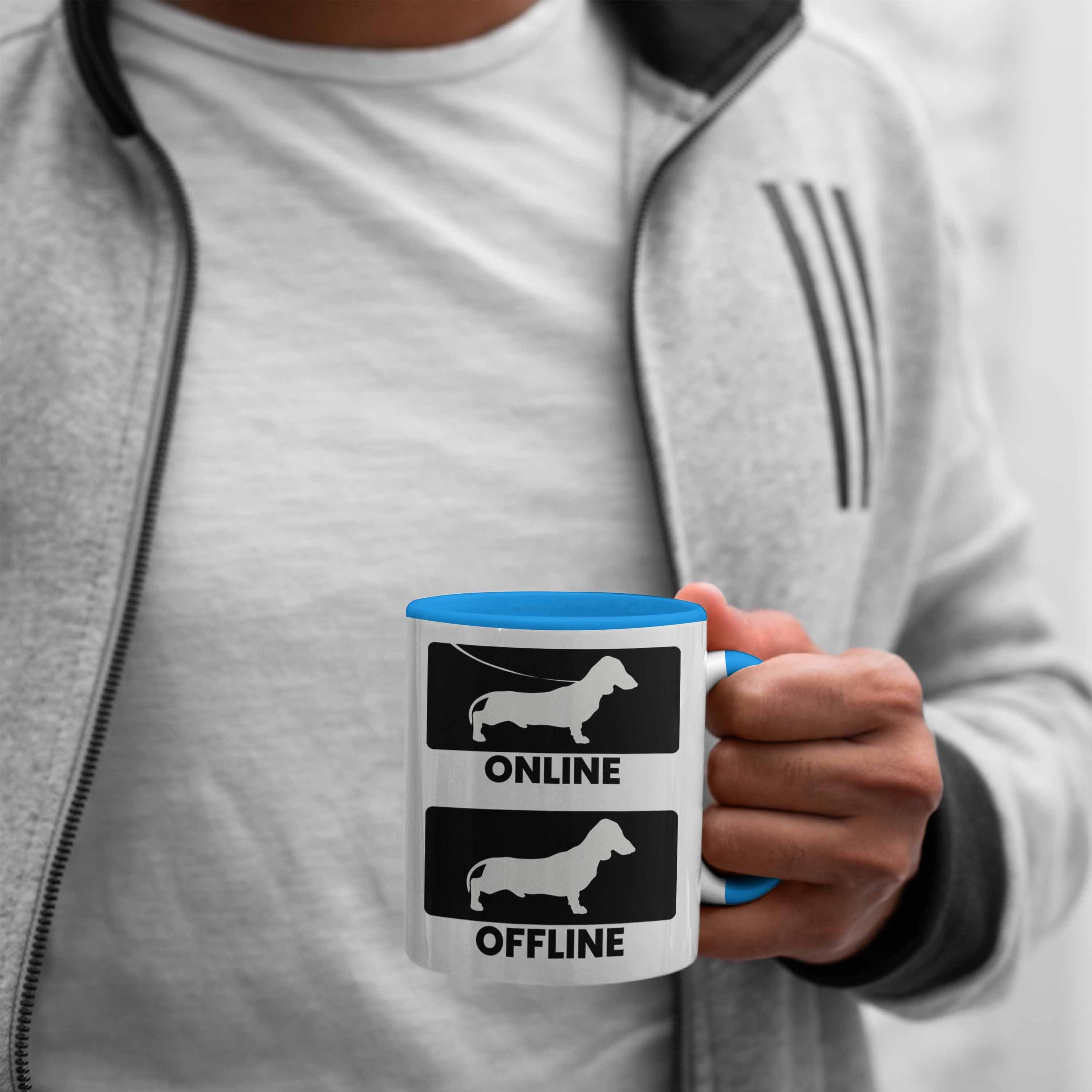 Tasse Dachshund Lustig Online Dackel Offline Trendation Blau Tasse Geschenke Rauhaardackel