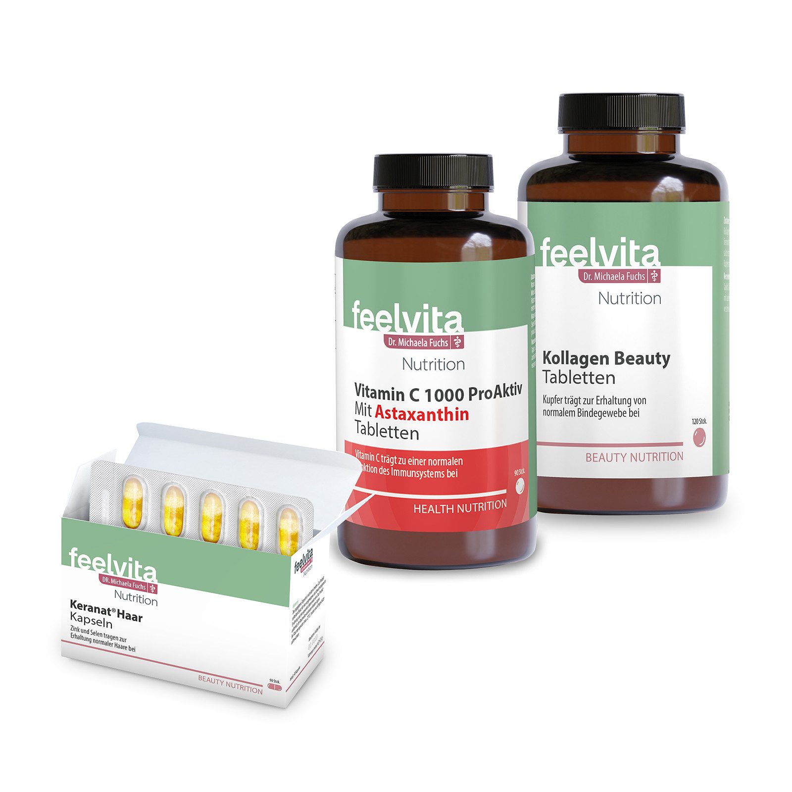 Genius Feelvita Nutrition Beauty & Vitamin Set 3-tlg. - Made in Germany Tablette/ Kapsel, Für eine einfache Nährstoffzufuhr à, Kollagen, Vitamin C, pflanzlichen Öle und Spurenelemente