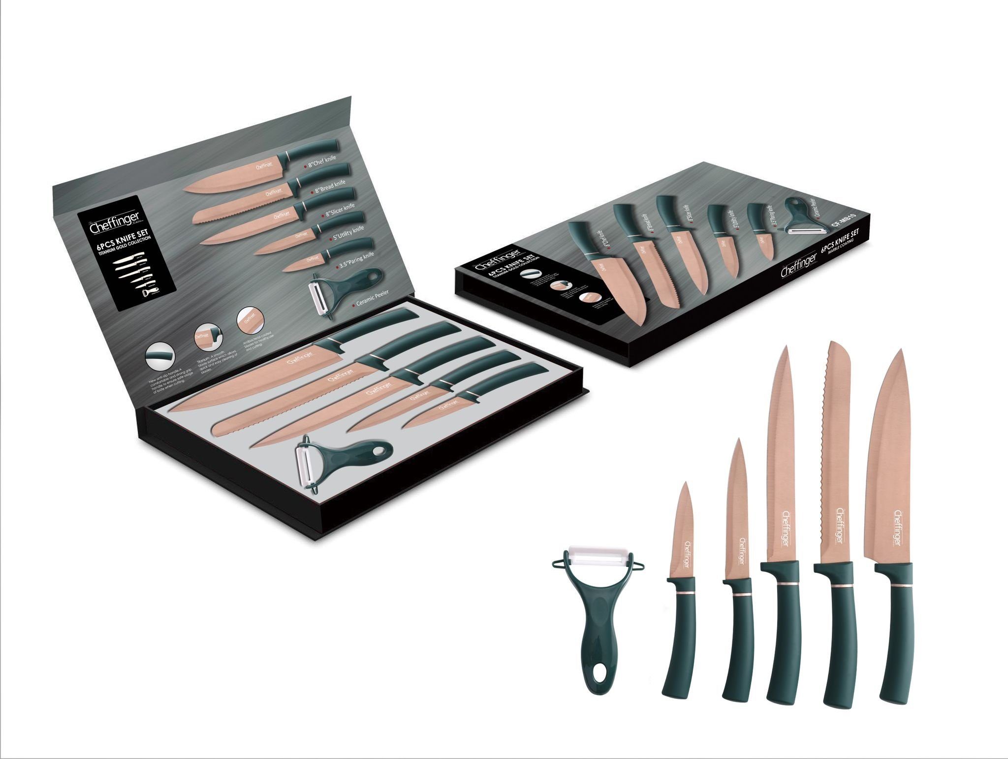 Cheffinger Messer-Set Messer Chefmesser in (5 Sparschäler) Messerset 1 Messerklingen Küchenmesser 1 Edtition scharfe Klappbox Motiv & teiliges Pizzamesser Gold 6