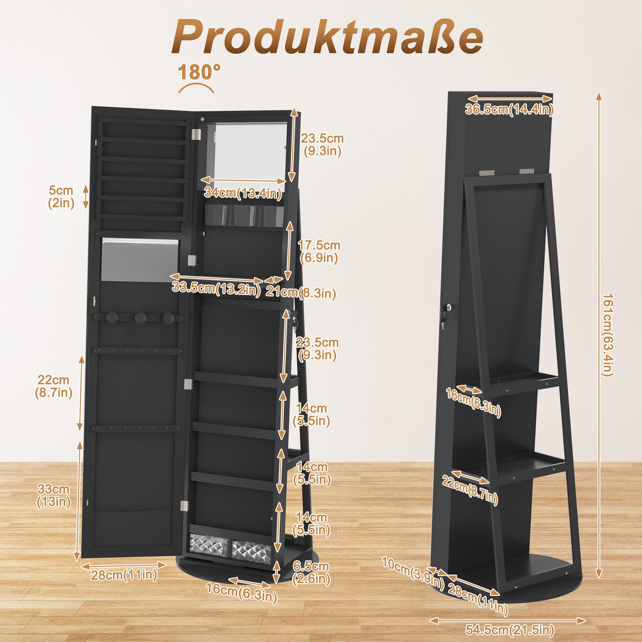 FIVMEN Schmuckschrank Spiegelschrank zur Aufhängen Hängend Abschließbar 2 in 1 Drehbare Halterun Wandspiegel und Schmuck Organizer Weiß/Schwarz