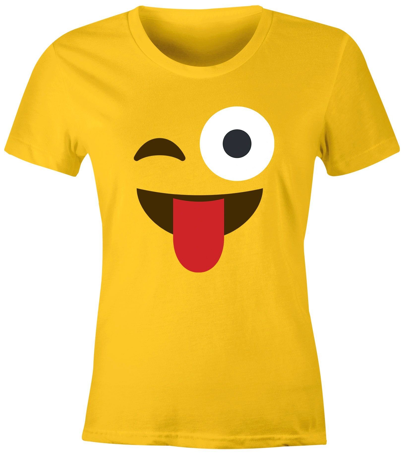 MoonWorks Print-Shirt Damen T-Shirt Emoticon Gruppenkostüm Fasching Karneval Junggesellenabschied JGA lustig Fun-Shirt Moonworks® mit Print Zunge gelb