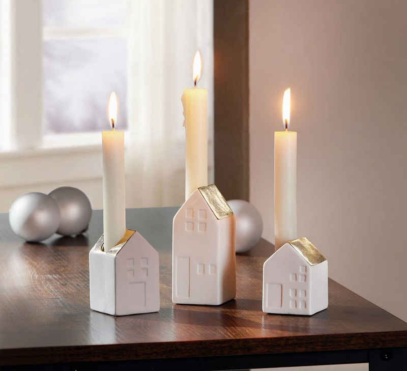 Dekoleidenschaft Kerzenhalter "Häuschen" aus Porzellan in weiß + gold, (3 St., im Set), Kerzenständer für Stabkerzen / Tafelkerzen