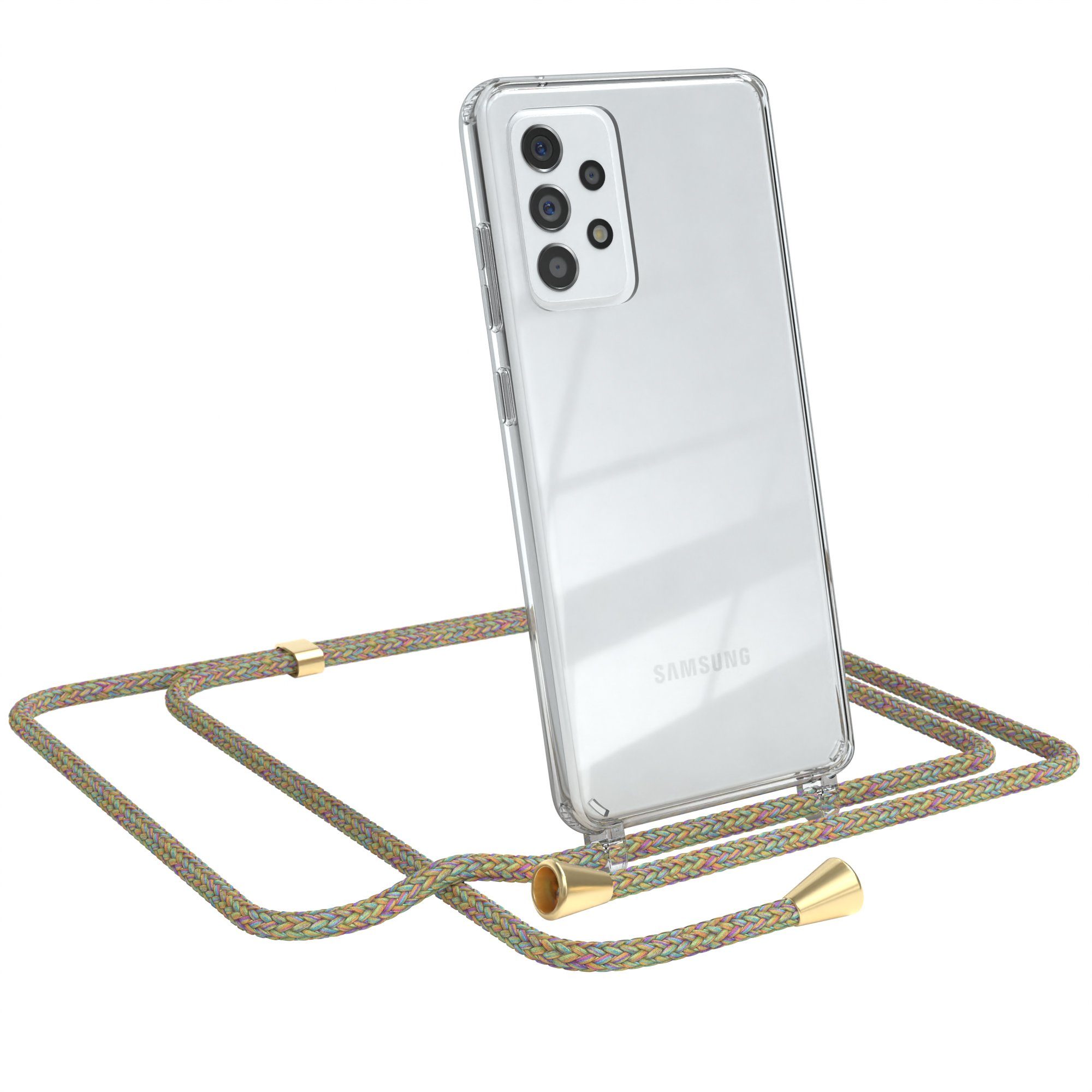 EAZY CASE Handykette Hülle mit Kette für Galaxy A52 / A52 5G / A52s 5G 6,5 Zoll, Ketten Hülle Schultergurt Schutz Hülle Tasche mit Band Bunt Clip Gold