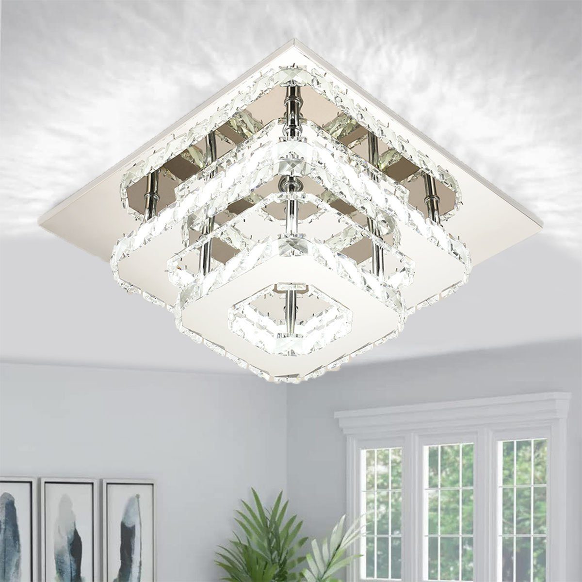 oyajia Deckenleuchte Moderne Kristall LED Deckenlampen, 12W Luxus Mini Kronleuchter, LED fest integriert, Tageslichtweiß, 20x20x10cm Quadrat Deckenleuchte für W – Bild 3 von 5