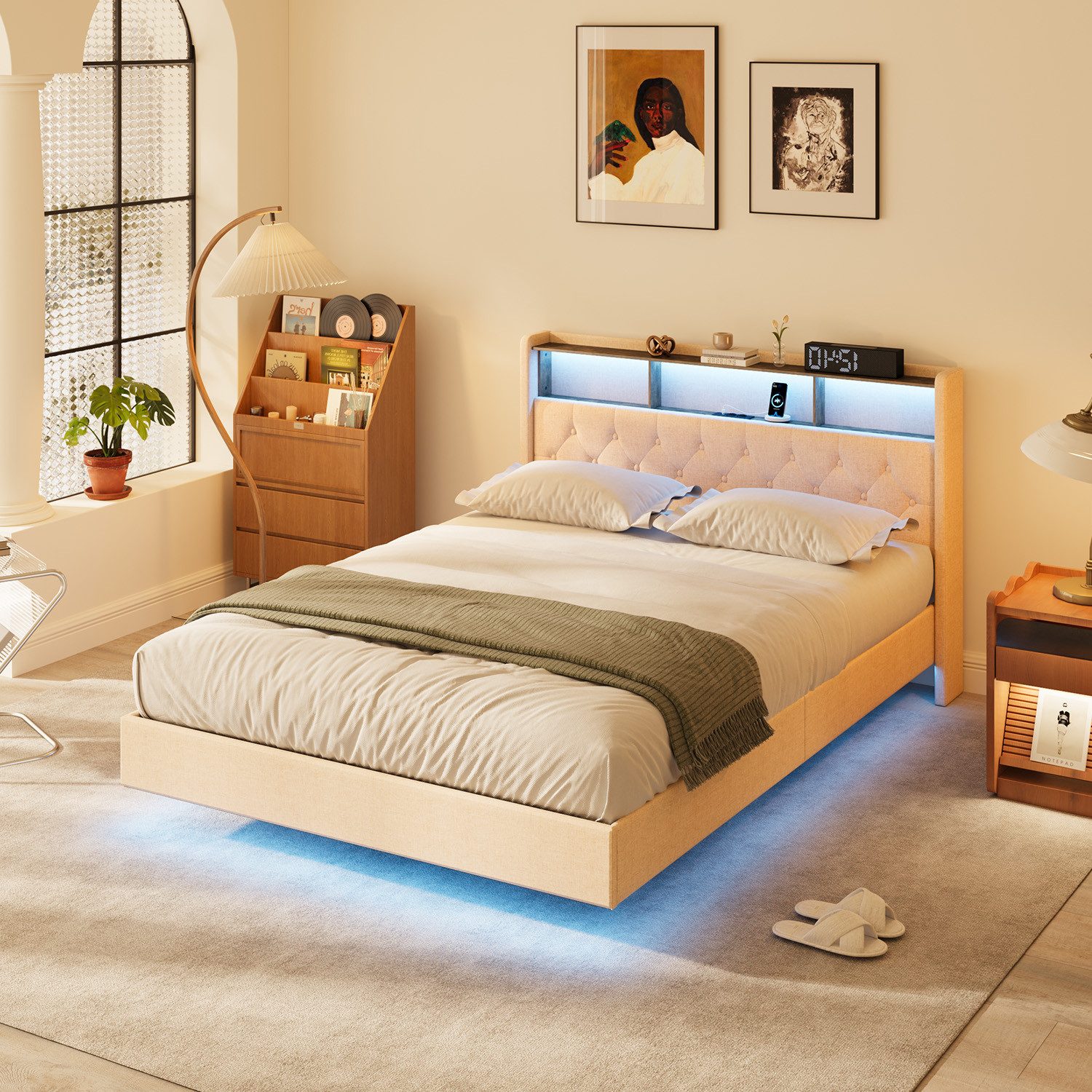 Bealife Polsterbett lsterbett Einzelbett,Bettgestell mit Kopfteil, Lichtleiste (mit LED-Beleuchtung und Ladestation), Verdeckte Fußgestelle