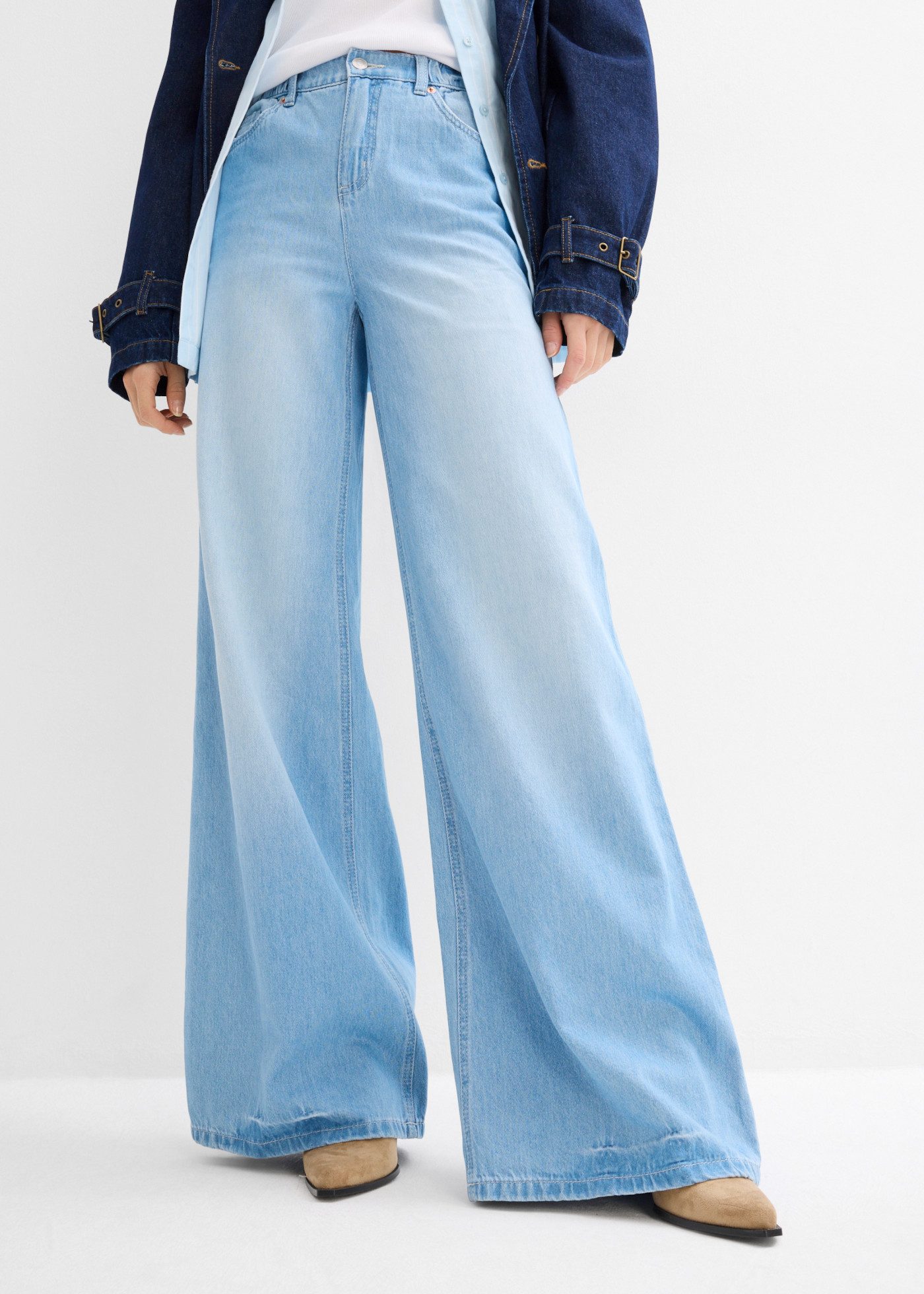 bonprix Weite Jeans weite Passform, 5-Pocket-Design, elastischer Bequembund, hohe Bundhöhe