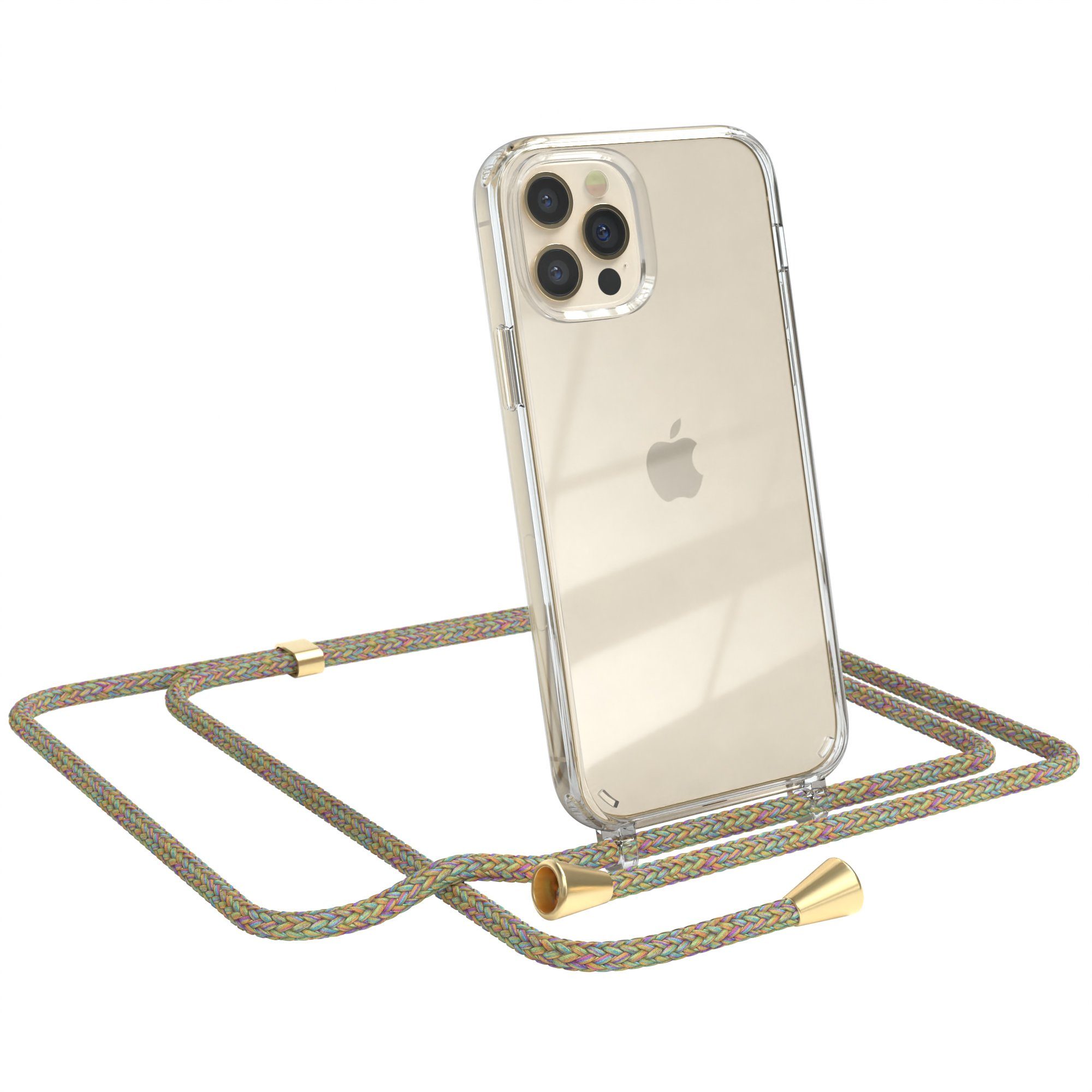EAZY CASE Handykette Hülle mit Kette für Apple iPhone 12 / 12 Pro 6,1 Zoll, Ketten Hülle Schultergurt Schutz Hülle Tasche mit Band Bunt Clip Gold