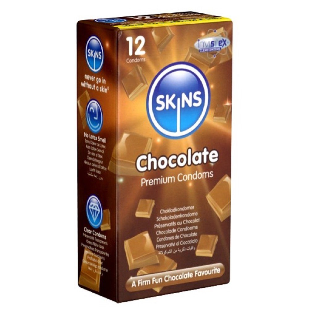 SKINS Condoms Kondome Chocolate, samtweiche Oberfläche, fühlt sich an wie "echt", Packung mit, 12 St., Kondome mit süßem Schokoladen-Aroma, durchsichtiges Latex (kristallklar), kein Latexgeruch