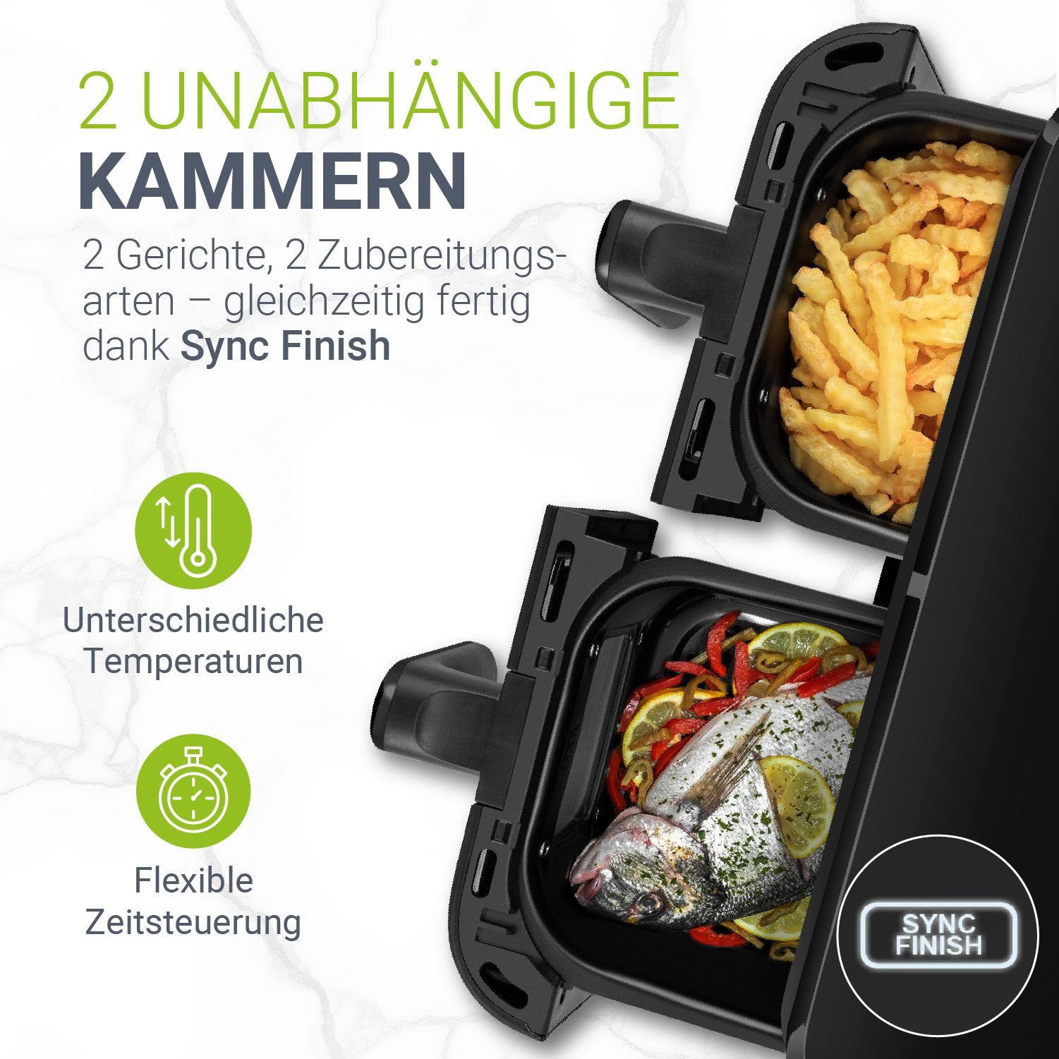 Juskys Heißluftfritteuse, 1800 W, mit 2 Kammern, Smart Finish und 9 Programmen - Antihaftbeschichtung
