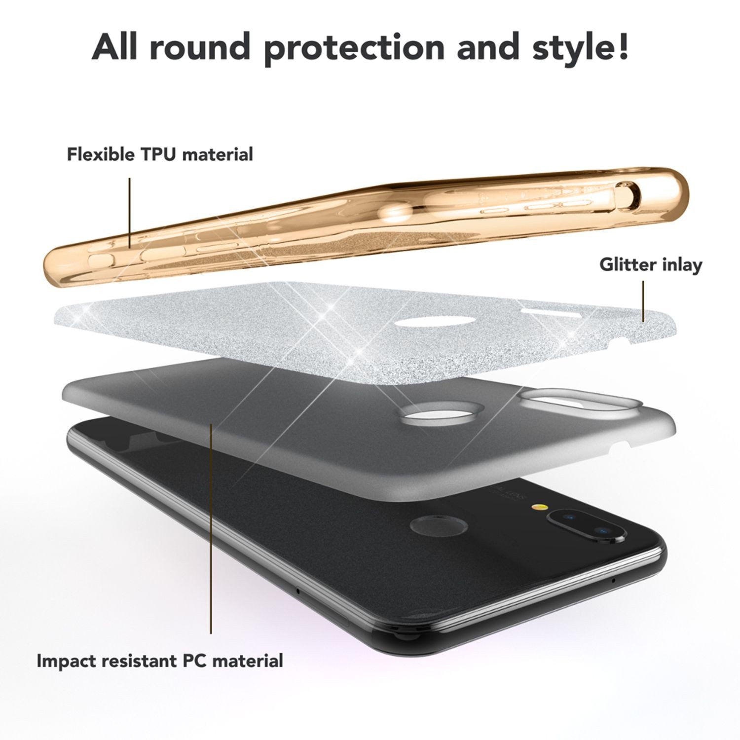 Nalia Smartphone-Hülle Huawei P20 Lite 14,7 cm (5,8 Zoll), Glitzer Silikon Hülle / Verstärkte Innenseite / Glänzende Schutzhülle