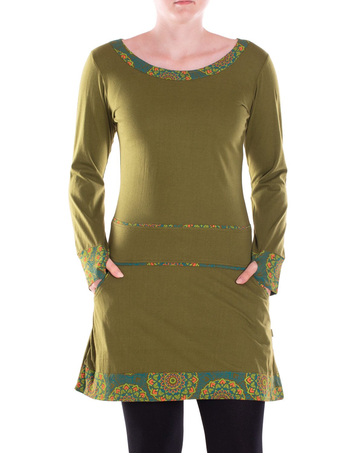 Vishes Minikleid Damen Langarm Kleid Baumwolle Geometrisch mit Taschen Alternative Bekleidung, Ethno, Hippie, Retro Style