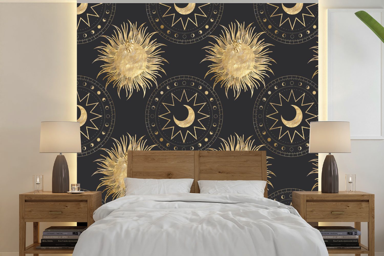 gute Qualität MuchoWow Fototapete Muster - Mond (5 Schlafzimmer, Gold, für Tapete - Vinyl - oder Wohnzimmer Sonne Wandtapete St), bedruckt, Matt