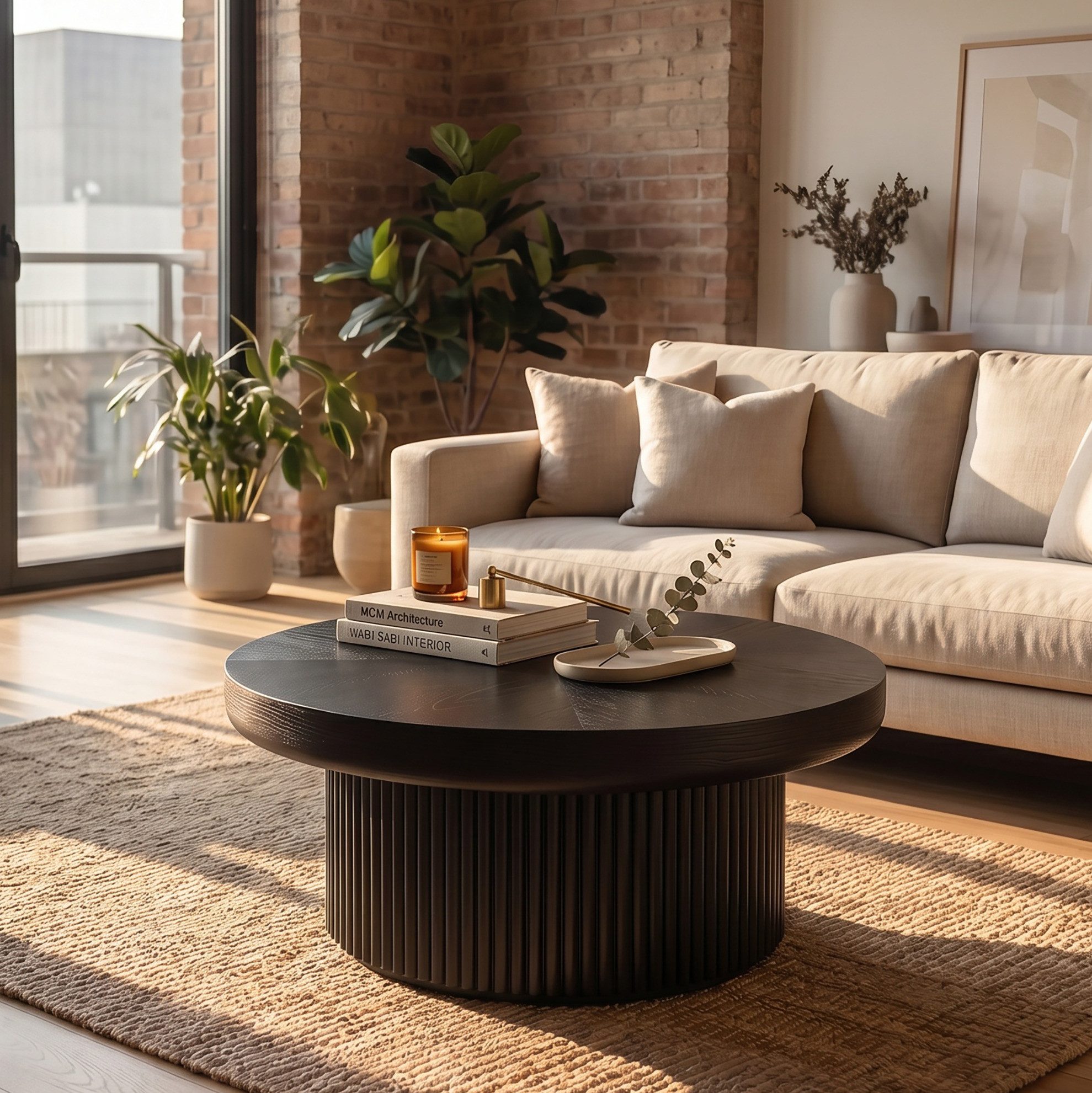 OKWISH Couchtisch Runder Tisch, 78 cm, Schwarz, Tischplatte in Holzoptik (Packung, 1-St., Moderner Beistelltisch im Mid-Century Stil für kleine Räume), Wohnzimmertisch mit Parquet Muster, Rillenstruktur & Säulenfuß