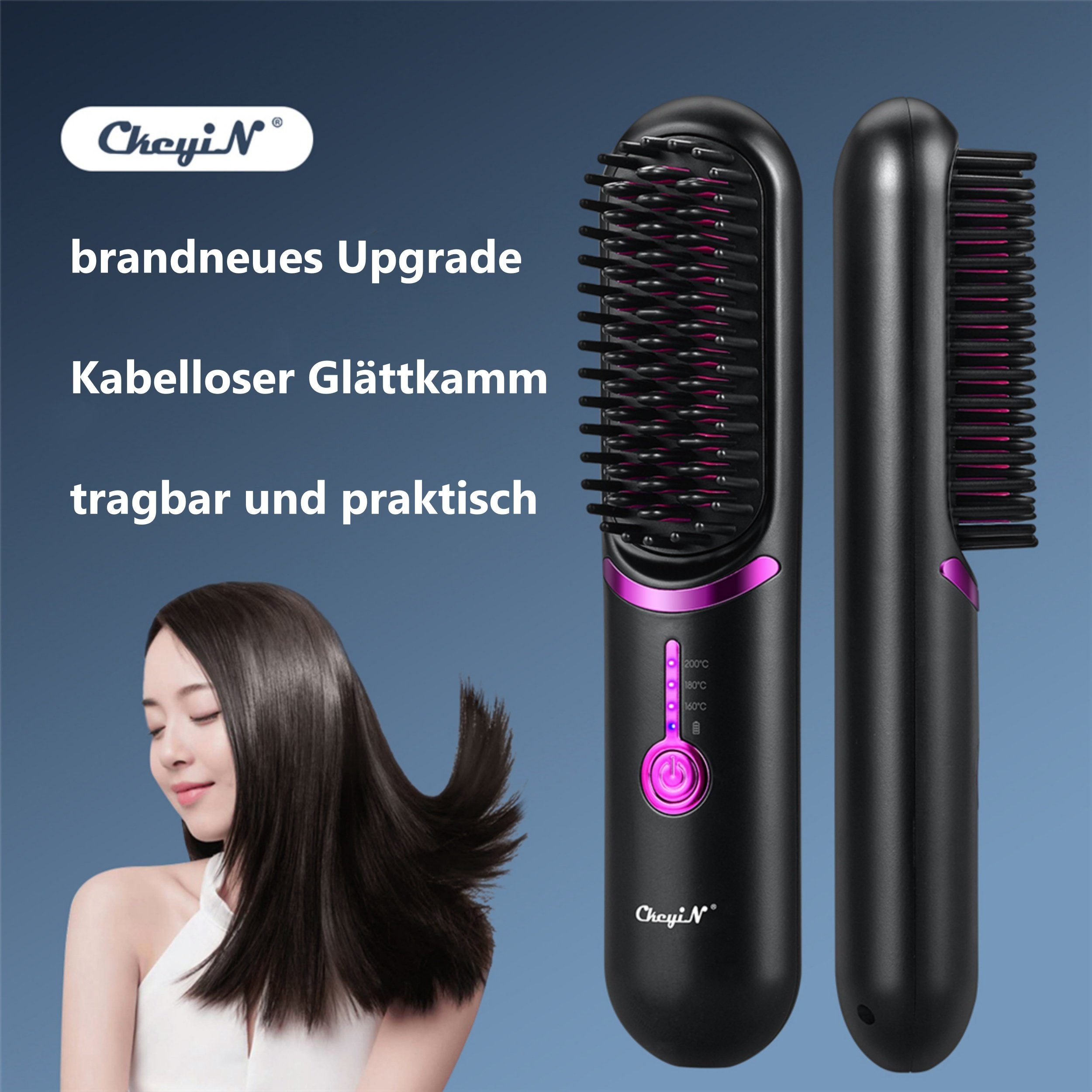 CkeyiN Elektrohaarbürste Kabelloser Beheizter Haarglättungskamm 3 Temperaturstufen 160-200℃, Negativ-Ionen-Technologie max. 60min Nutzungsdauer