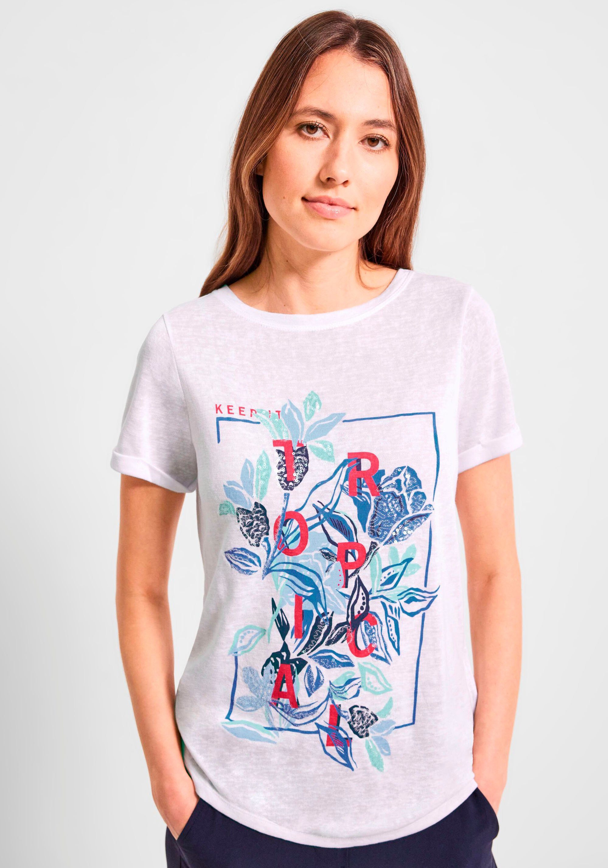 Cecil T-Shirt LINENLOOK_Shape print mit klassischem Rundhalsausschnitt white