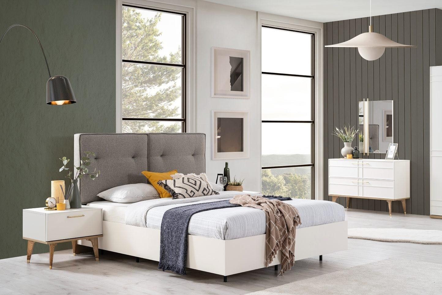 Schlafzimmer-Set Schlafzimmer Garnitur Doppelbett Komplette Bett Weiß Stoff 3tlg Modern