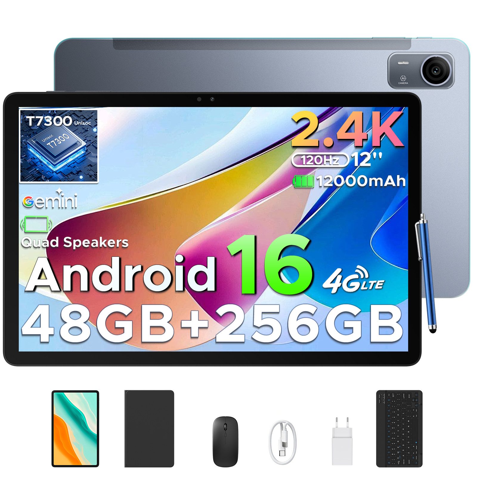 Aorlym Android 16 Tablet mit Tastatur 12 Zoll 2.4K 120Hz 256GB 12000mAh USB-C Tablet (12", 256 GB, Proprietär, GSM: B2/B3/B5/B8, 800, TDD: B34/38/39/40/41, WCDMA: B1/2/4/5/8, FDD: B1/2/3/4/5/7/8/18/19/20/25/26/28AB/66, GSM/WCDMA/FDD/TDD, GPS-Ortung, 4G, WLAN, Videochat, Bluetooth)