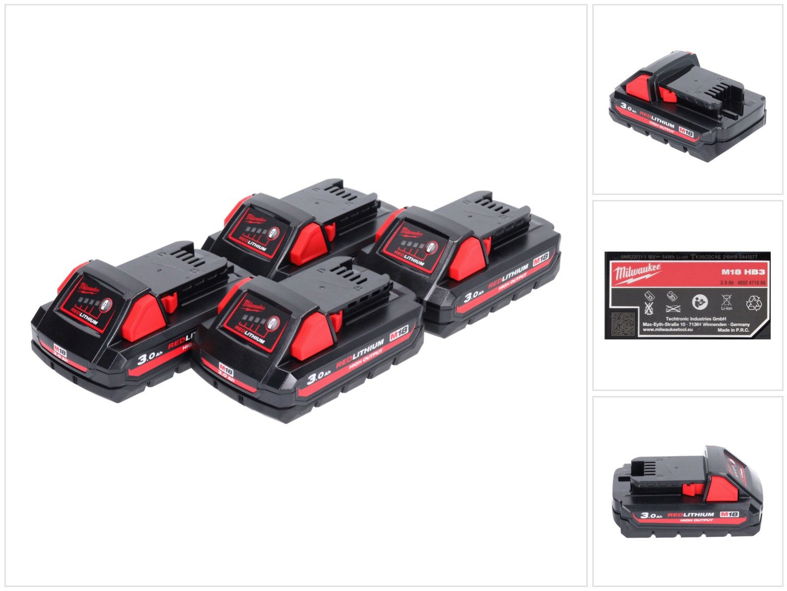 Milwaukee M18 HB3 High Output 4x 18 V 3,0 Ah / 3000 mAh Li-Ion Akku (4x 493247 Akkupacks
