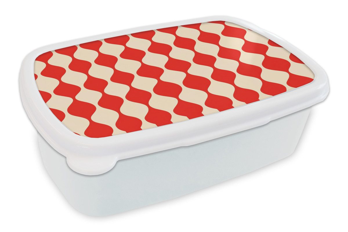 MuchoWow Lunchbox Wellenförmiges Muster - Retro - Rot - Beige, Kunststoff, (2-tlg), Brotdose Schule oder Arbeit, Brotbox für Kinder und Erwachsene