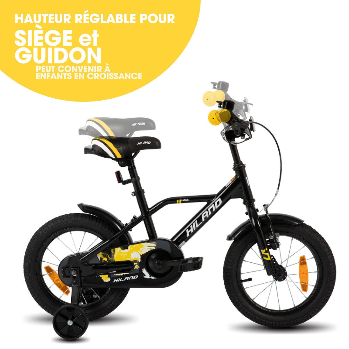 HILAND Kinderfahrrad Hawk 12 14 16 20 Zoll Kinderfahrrad für Jungen 3-10 Jahre, mit Stützrädern, V Bremseund Rücktrittbremse, Hilfsrad, Kotflügel