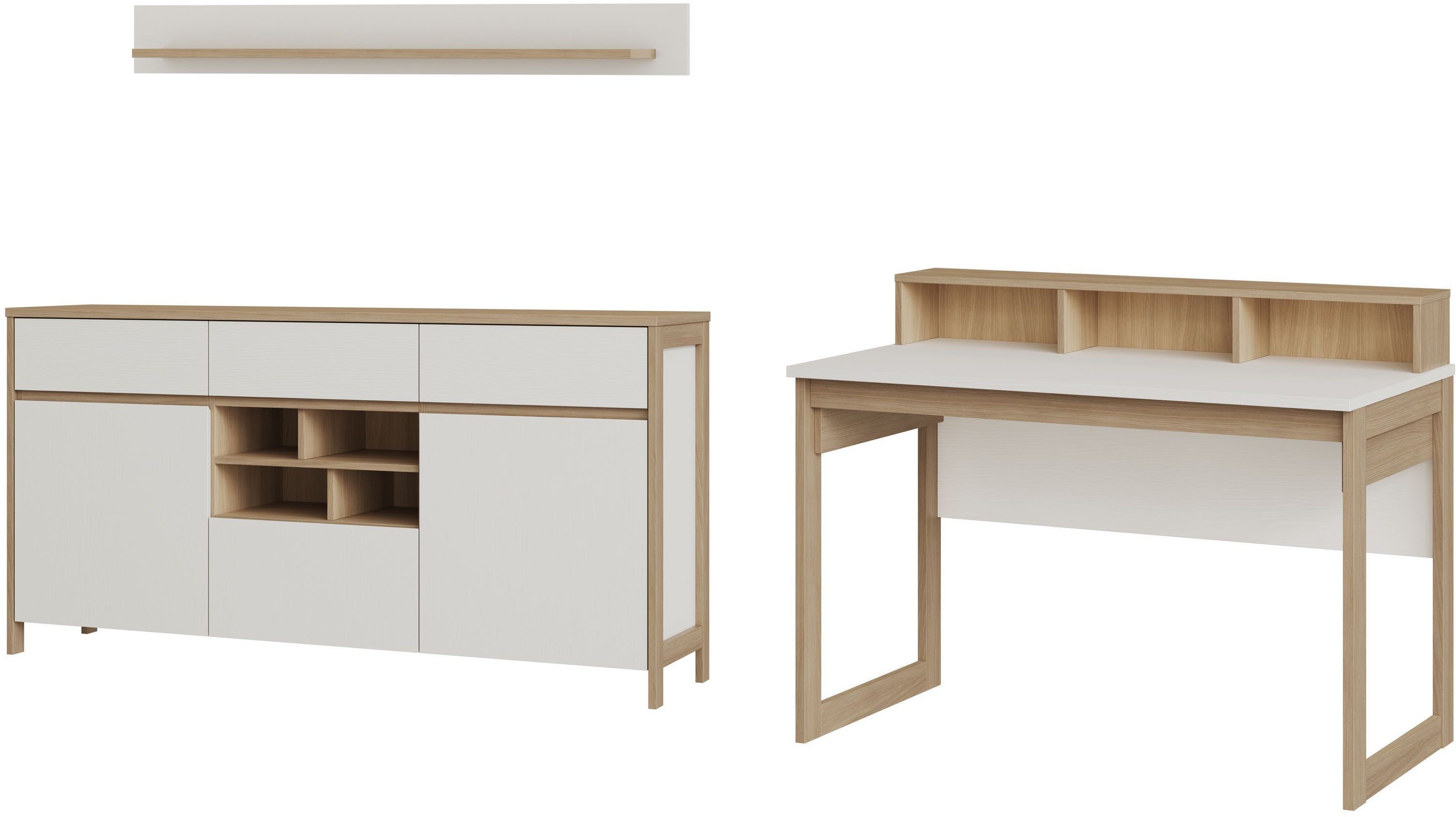 Home affaire Büromöbel-Set Stranda im Scandi-Style, Home Office, Büro in zwei Farben verfügbar, (3-tlg), enthält Schreibtisch, Sideboard und Wandboard