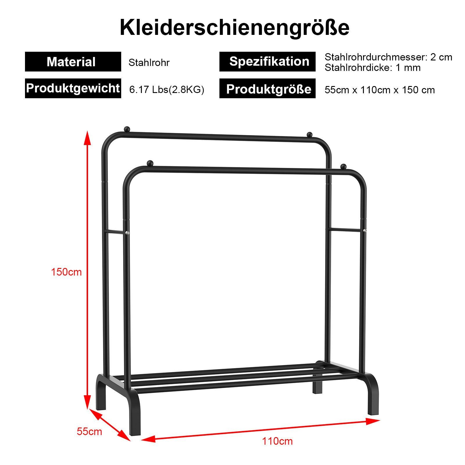 loefme Kleiderständer 3-in-1 Garderobenständer, Metall Kleiderstange offen, Einfache Montage Multifunktionaler Kleiderständer, Schwarz – Bild 5 von 5