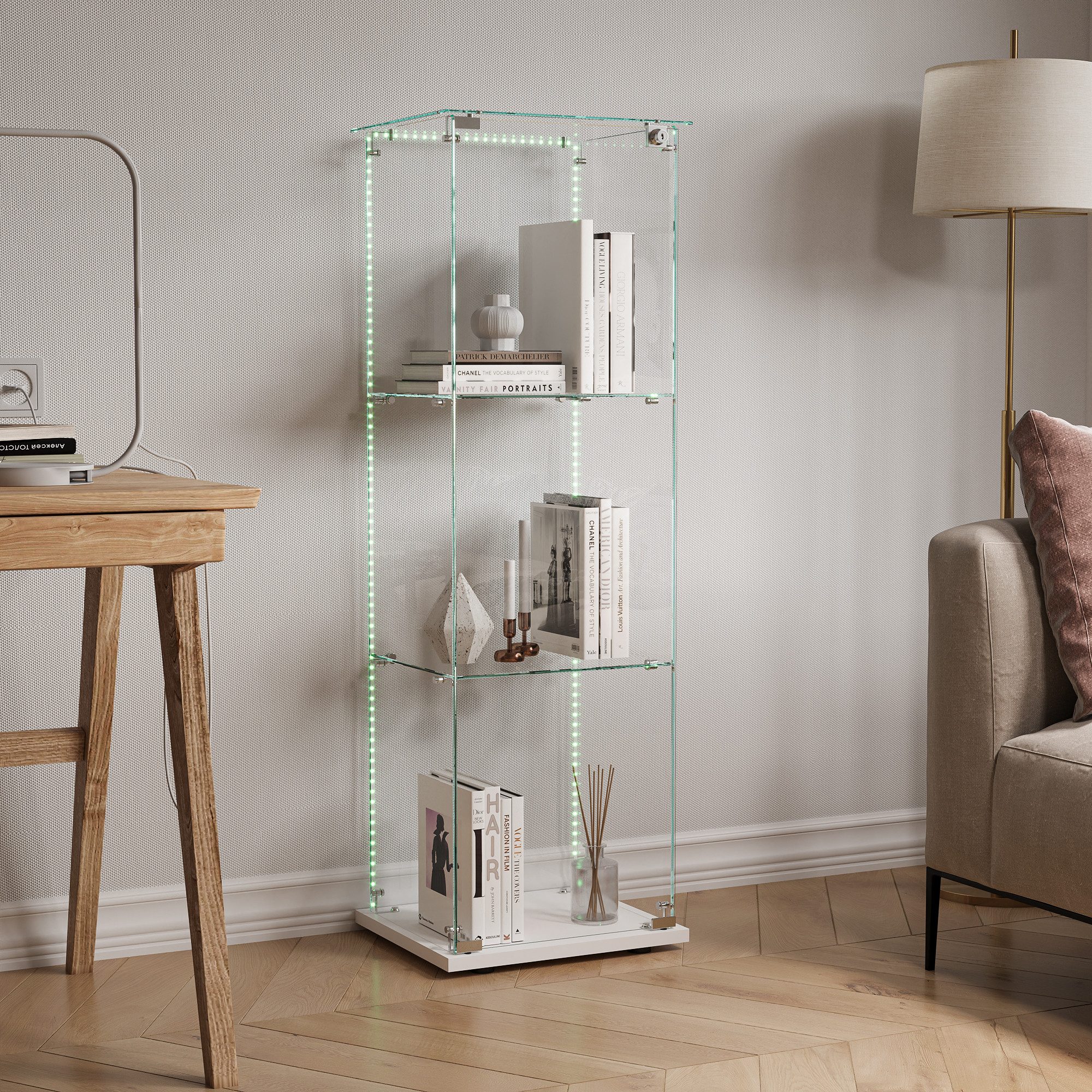 FUROKOY Glasvitrine Standvitrinen, Vitrine aus gehärtetem Glas (Set, 1-St., Vitrinenschrank mit 1 Glastür und Lichtleiste für Sammler, Bücher) Weiß 3 Lagen Sammlervitrine