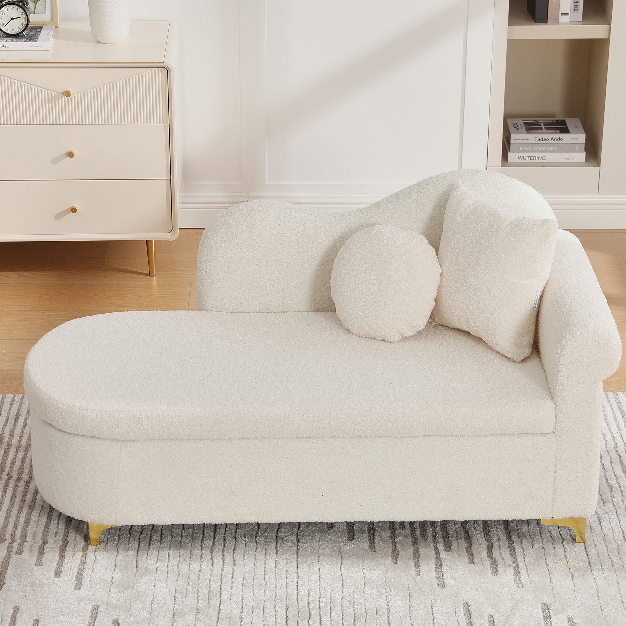 OKWISH Chaiselongue Multifunktionale 134x64x70 cm aus Teddyplüsch, Wellenförmige Rückenlehne, hochdichte Sitzkissen 1 Teile, Inkl. Lenden- & Nackenkissen, Stauraum im modernen Design