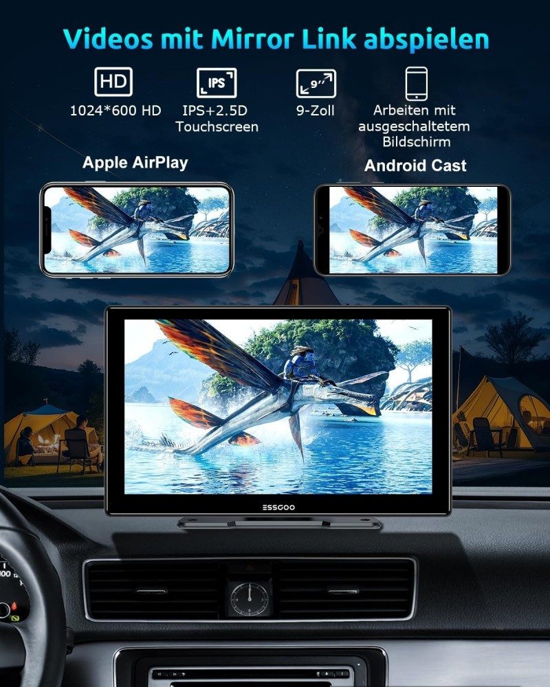 ESSGOO CarPlay Android Auto Autoradio IPS Touchscreen Tragbares Drahtloses Navigationsgerät (Touchscreen GPS Navi Tragbar Autoradio Bluetooth Rückfahrkamera)