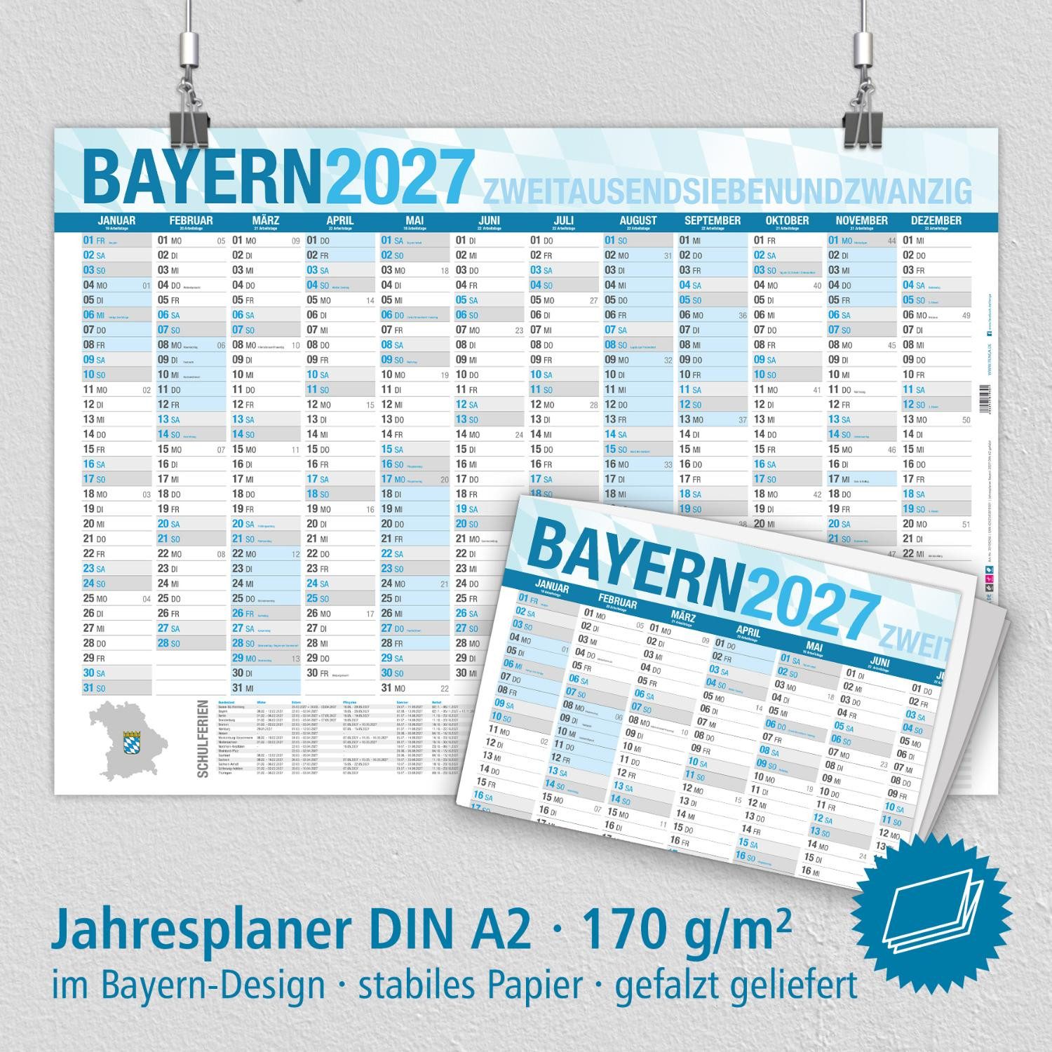 itenga Wandkalender itenga Jahresplaner Bayern 2027 Wandkalender DIN A2 (59,4 x 42,0 cm) – Bild 2 von 2