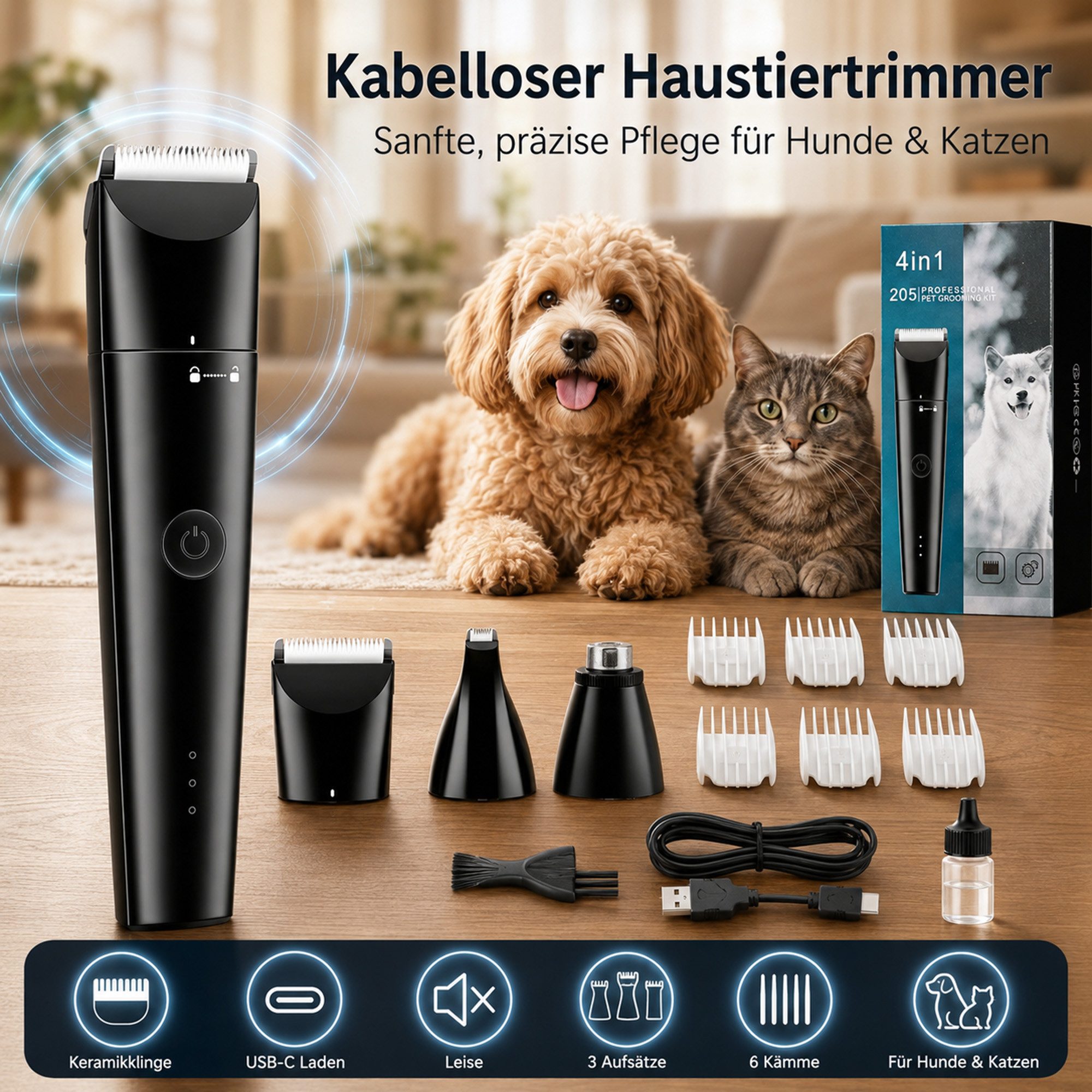 ibettertec Hundeschermaschine Haartrimmer, Fellpflege-SetHaustierpflegeHaustierbedarf, Einzelgerät mit Pflegezubehör, ergonomisches Design, 35 dB geräuscharm, Keramik-Edelstahl-Klinge