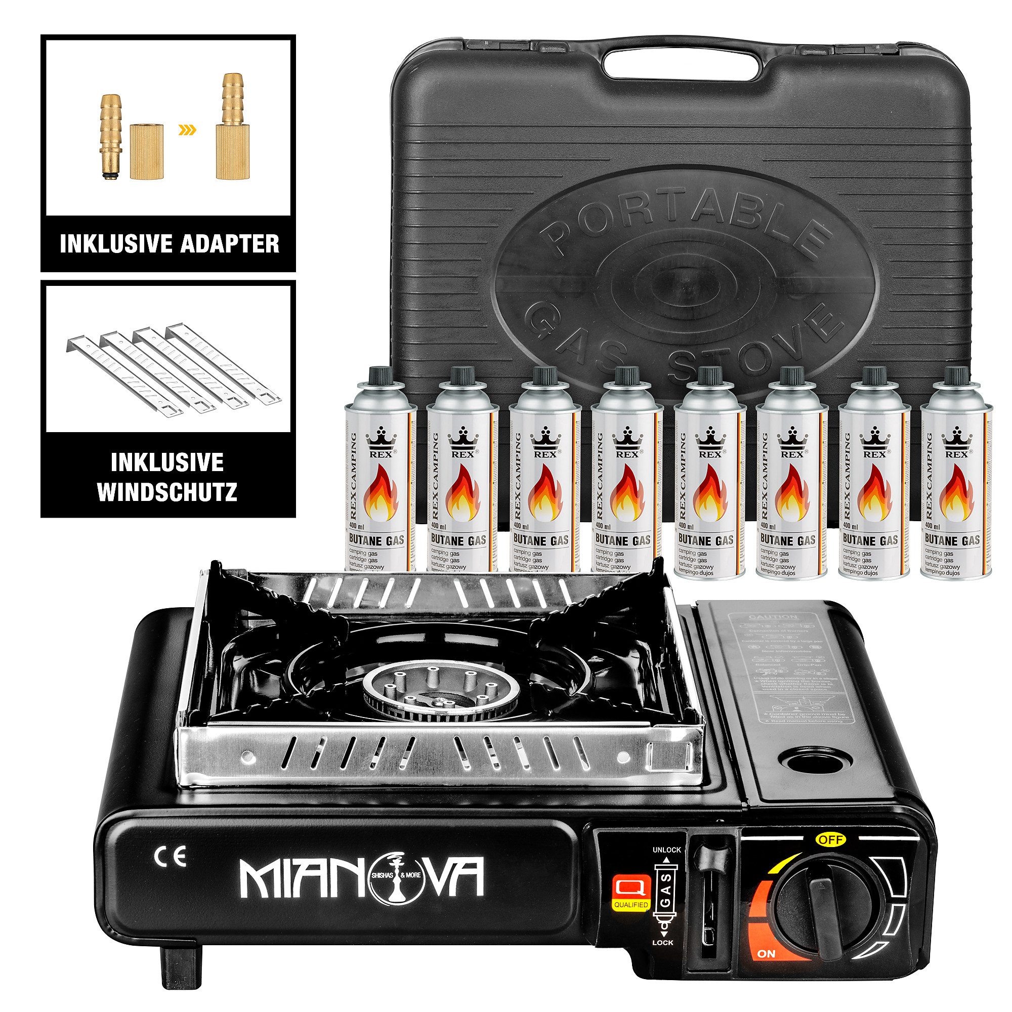 Mianova Gaskocher Campingkocher 2in1 LPG Anschluss Tischkocher+ 8 Gasflaschen + Koffer, (Outdoor Gaskocher mit Adapter, Tragekoffer und Piezzo-Zündung), Notfallkocher Campinggrill Tischgrill Campingherd Gaskocher