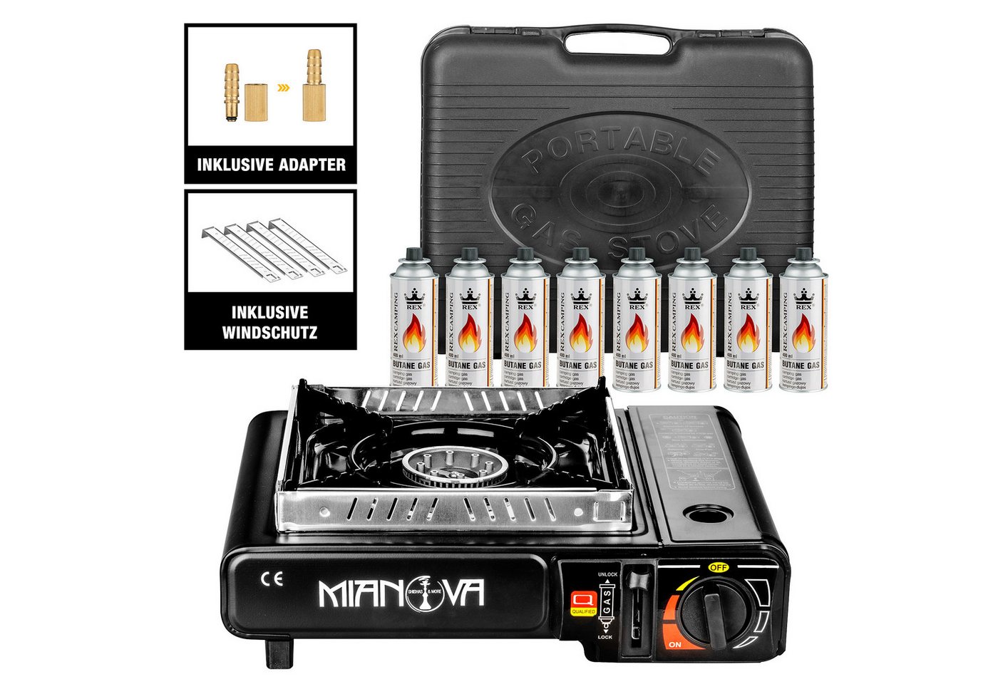 Mianova Gaskocher Campingkocher 2in1 LPG Anschluss Tischkocher+ 8 Gasflaschen + Koffer, (Outdoor Gaskocher mit Adapter, Tragekoffer und Piezzo-Zündung), Notfallkocher Campinggrill Tischgrill Campingherd Gaskocher