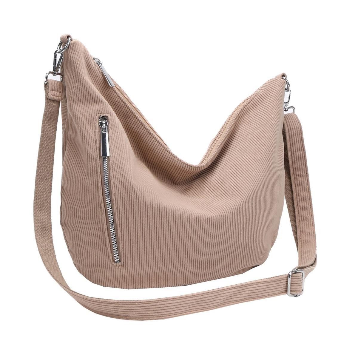 ITALYSHOP24 Schultertasche Damen Halbmond Tasche aus Cord CrossOver Body Bag Umhängetasche, Runde Cordtasche Asymmetrisches MOON Brust Slingtasche Wildlederoptik