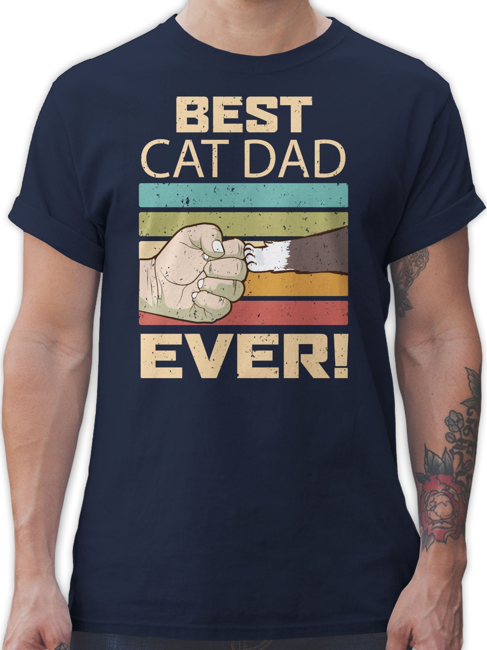 Shirtracer T-Shirt Best Cat Dad Ever - Vintage beige Katzenbesitzer Geschenk 03 Navy Blau