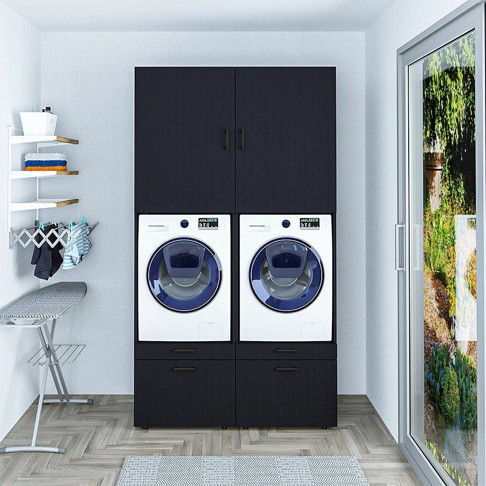 Roomart Waschmaschinenumbauschrank (Waschmaschinenschrank mit Schrankaufsätzen Waschturm Überbauschrank) schwarz eiche | Schwarz