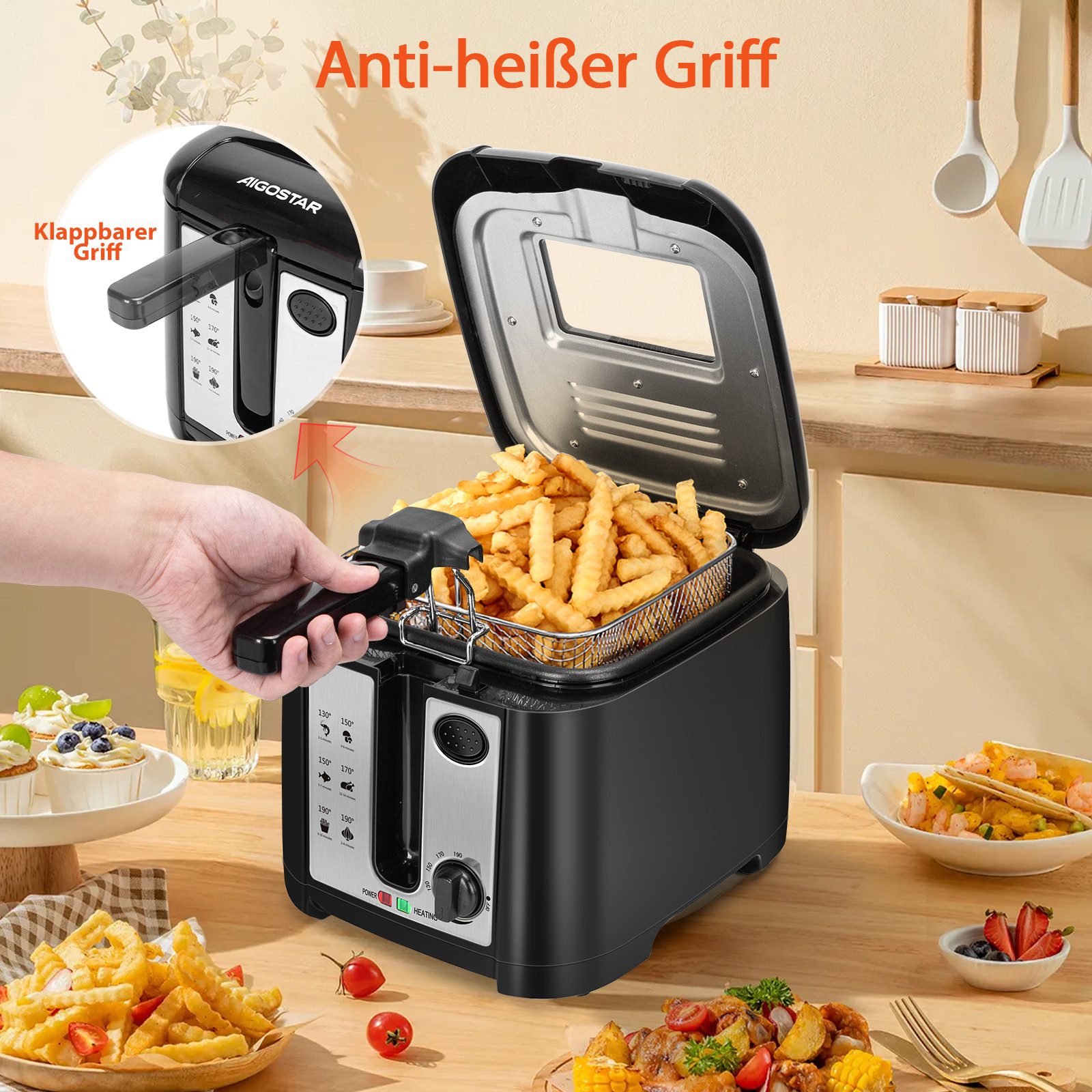 Aigostar Fritteuse 2,5 L mit Sichtfenster, BPA-frei, Temperaturregelung (130-190 °C), 1650 W, Hochleistungsfritteuse, schnelles Frittieren, Temperaturregulierung