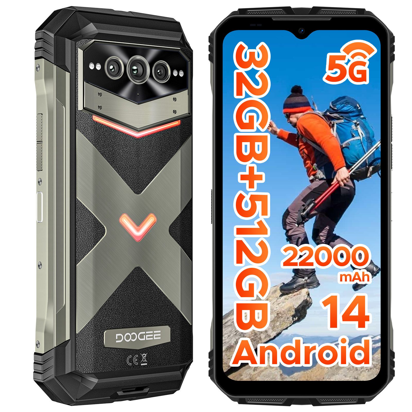 DOOGEE V MAX PRO 5G Robustes Smartphone, 22000mAh 12GB+512GB/TF 2TB Smartphone (6.58 Zoll, 512 GB Speicherplatz, 108 MP Kamera, 108 MP + 20 MP, 120 Hz, IP68/IP69K, NFC/Face ID/WLAN 6)