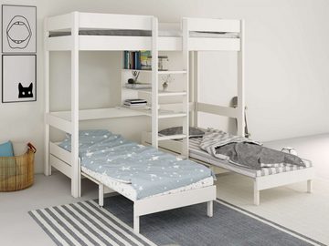 Lüttenhütt Etagenbett "HENNE XL ",Stockbett, Triple-Bett,Raumwunder,mit Regal für Stauraum, 3 Schlafplätze! Massivholz, inklusive Matratzen für Ausziehbetten