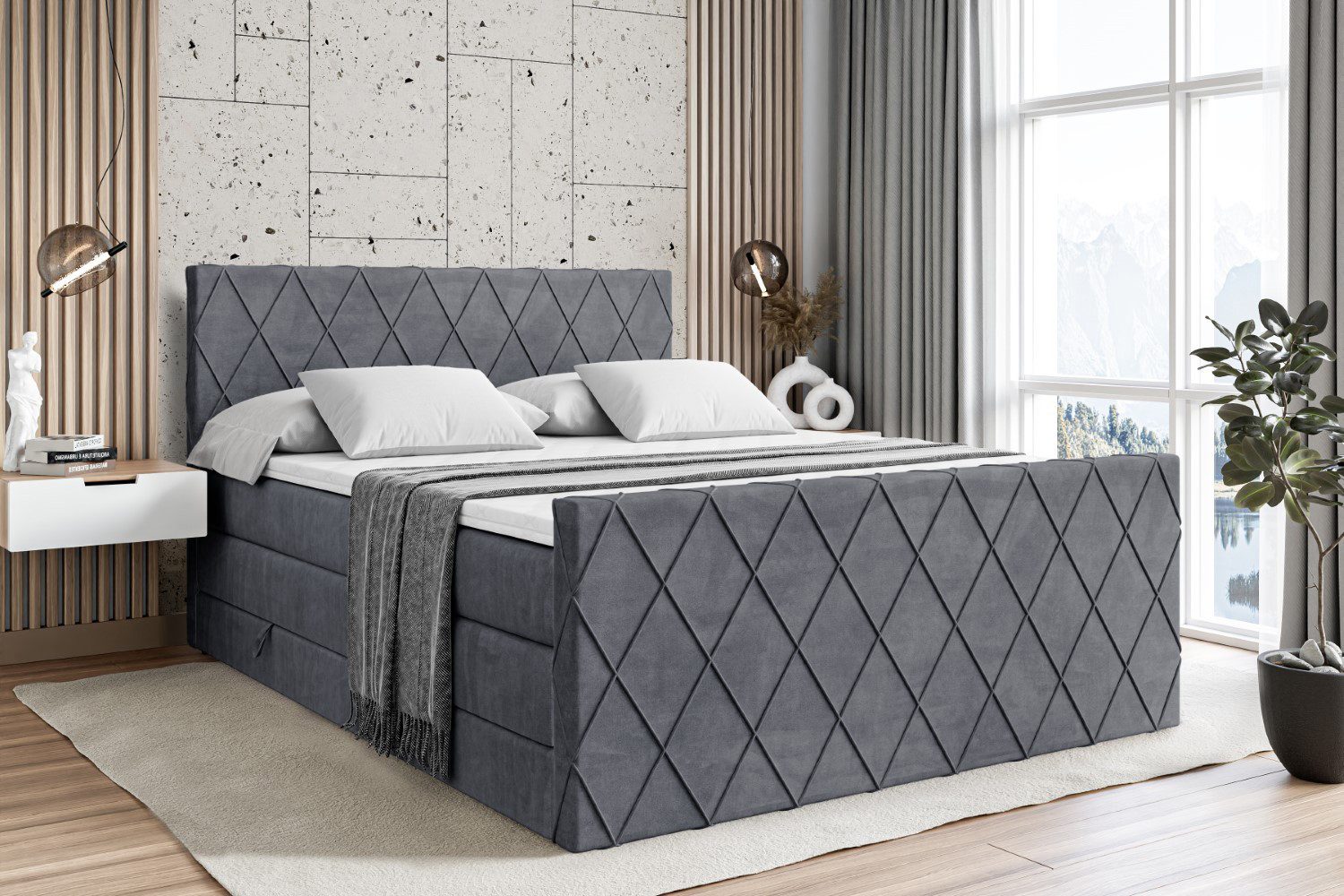 ALTDECOR Boxspringbett LEPARO-Z KING (mit Matratze und Lattenrost Topper Polsterbett mit Bettkasten Boxbett), H4 Multipocket, H3 Bonellfederung, Doppelbett Springboxbett