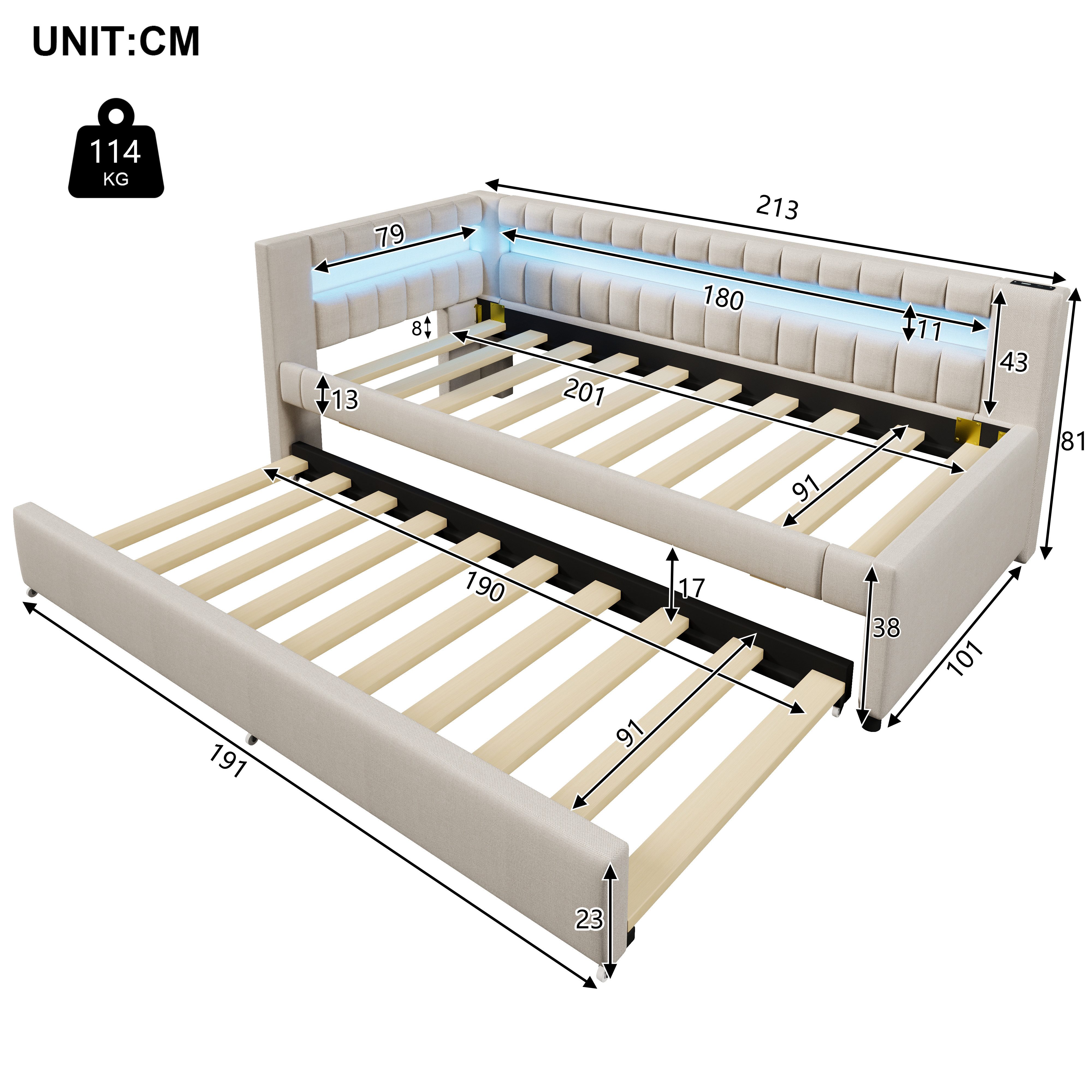 STILVORA Schlafsofa mit bettfunktion,Polsterbett 90×200 mit LED&USB,Tagesbett ausziehbar, mit LED-Fußbeleuchtung, Ausziehbett & USB/Type-C 90x200 cm, ohne Matratze