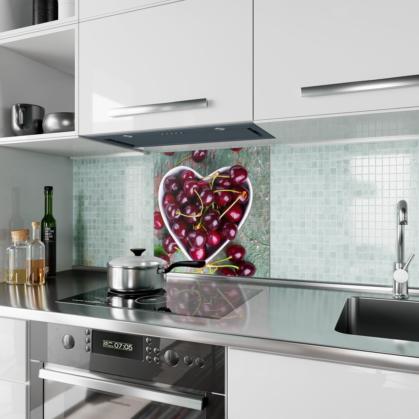 Küchenrückwand Motiv Kirschen mit Küchenrückwand Herz auf Glas Primedeco Spritzschutz